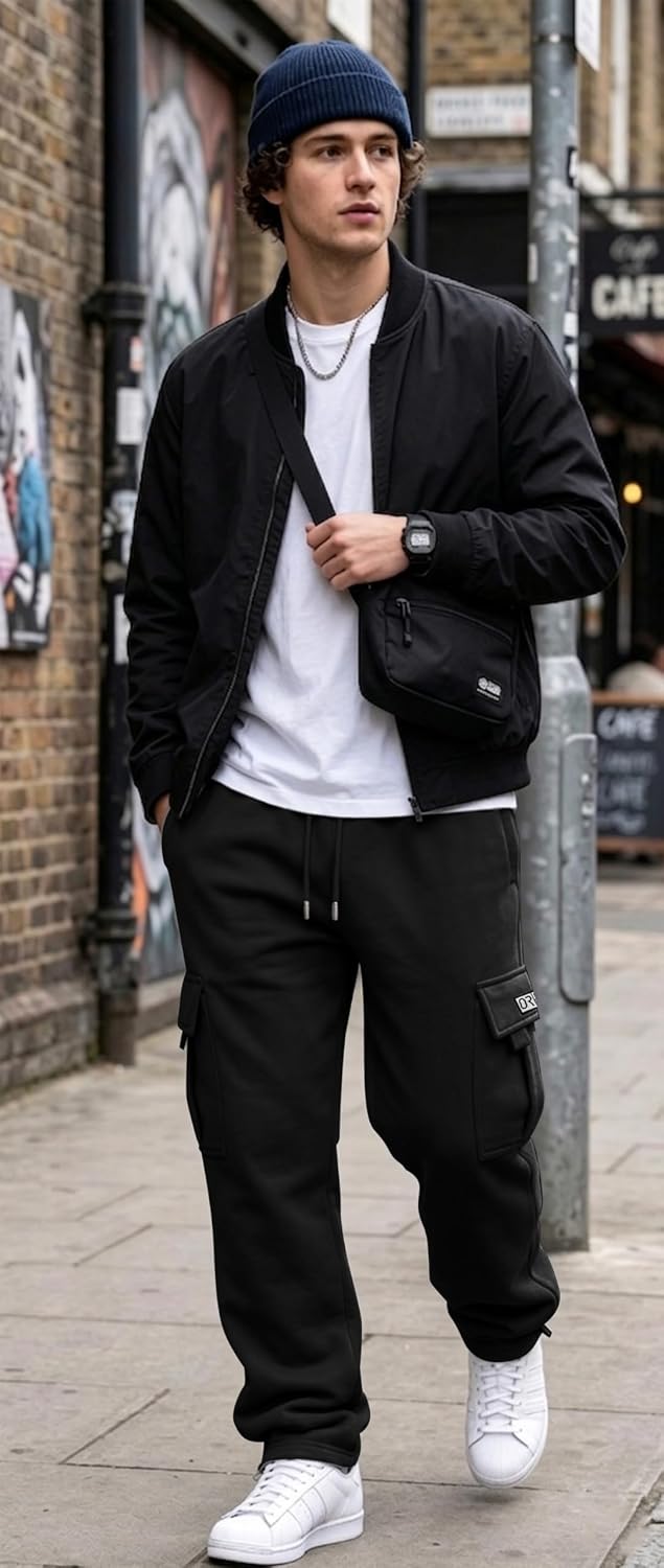 HUNGSON Mens Cargo Sweatpants Drawstring Casual Hiking Pants Joggers Athletic Trousers Cotton Loose Straight Pants for Men