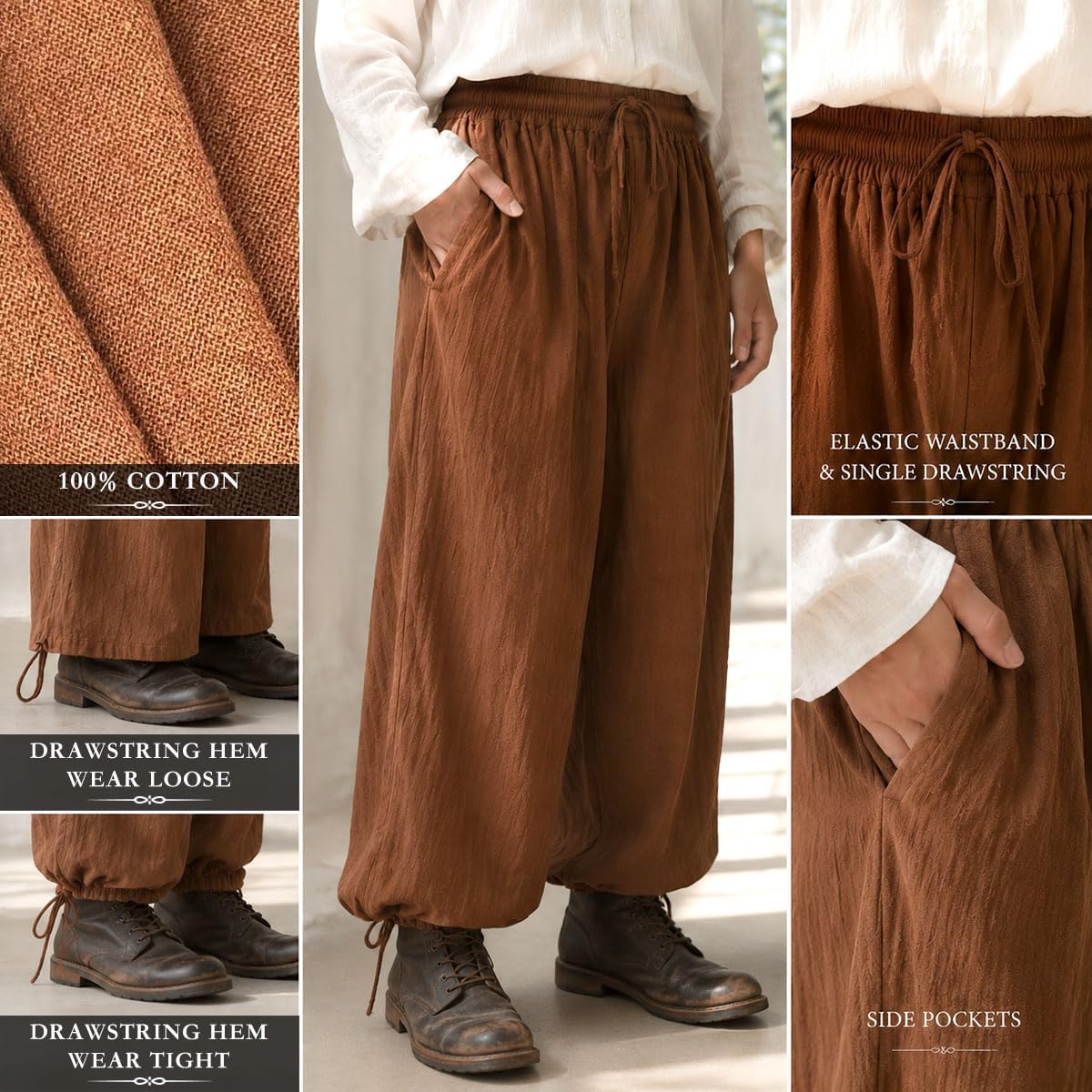 Men’s Renaissance Pirate Pants Wide Leg Cotton Medieval Trousers with Pockets for Ren Faire Cosplay