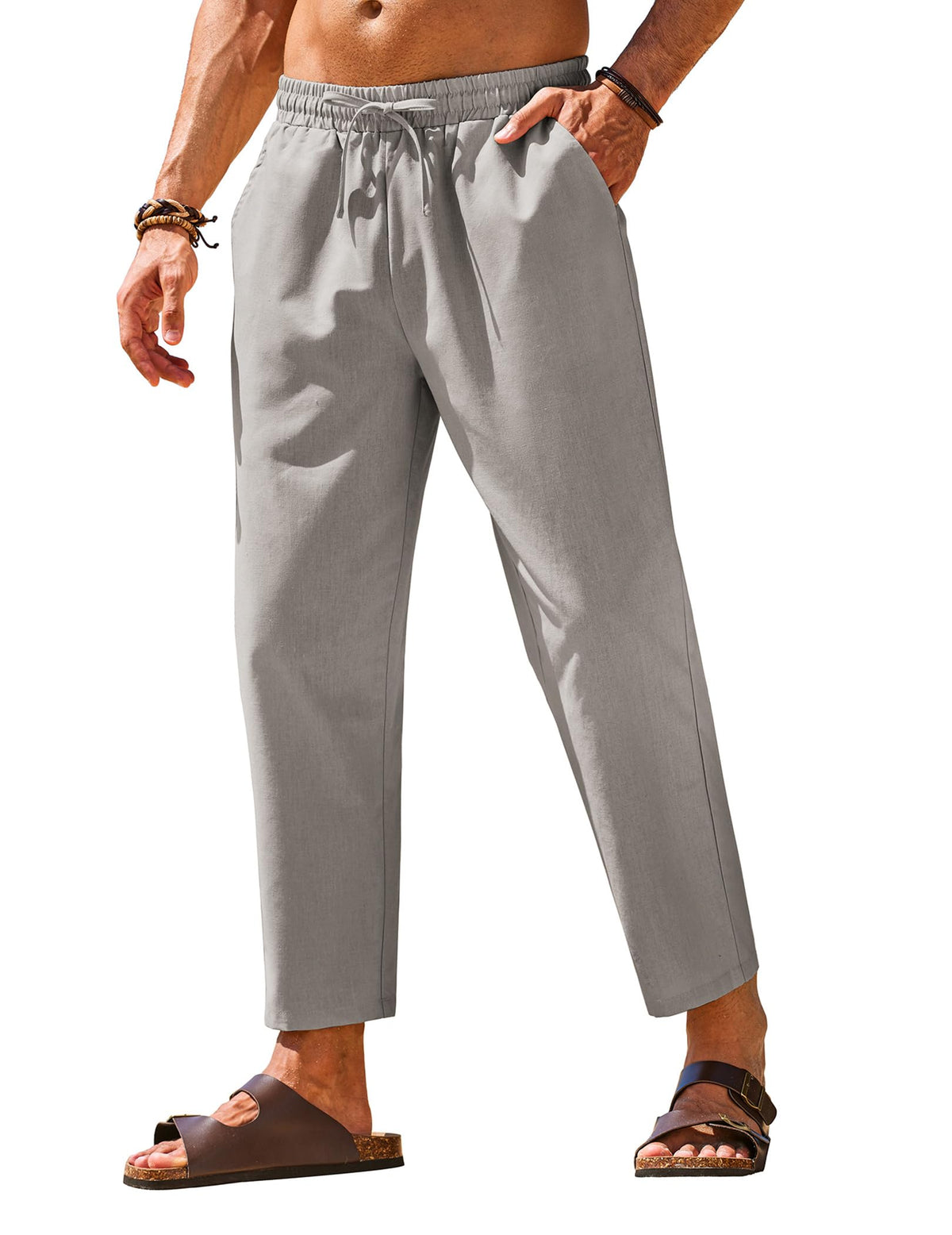 COOFANDY Mens Linen Casual Pants Elastic Drawstring Trousers Summer Pants
