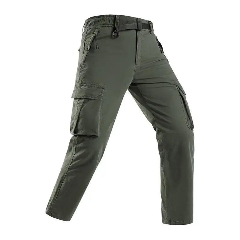 Zip Pocket Belted Elastic Waist Straight Leg Cargo Pants, Cotton Loose Fit Tactical Work Trousers, Lightweight Mens Hiking Street Travel Casual Everyday Pants