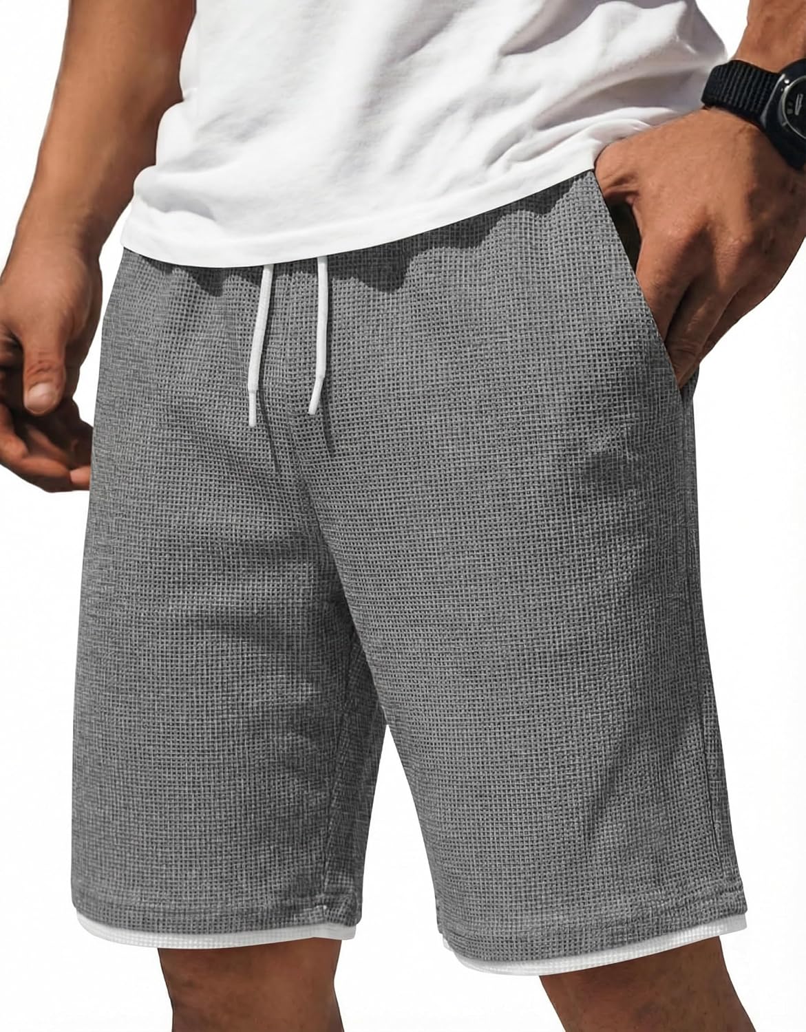 COOFANDY Mens Casual Shorts Cotton Drawstring 7/9 inch Waffle Shorts