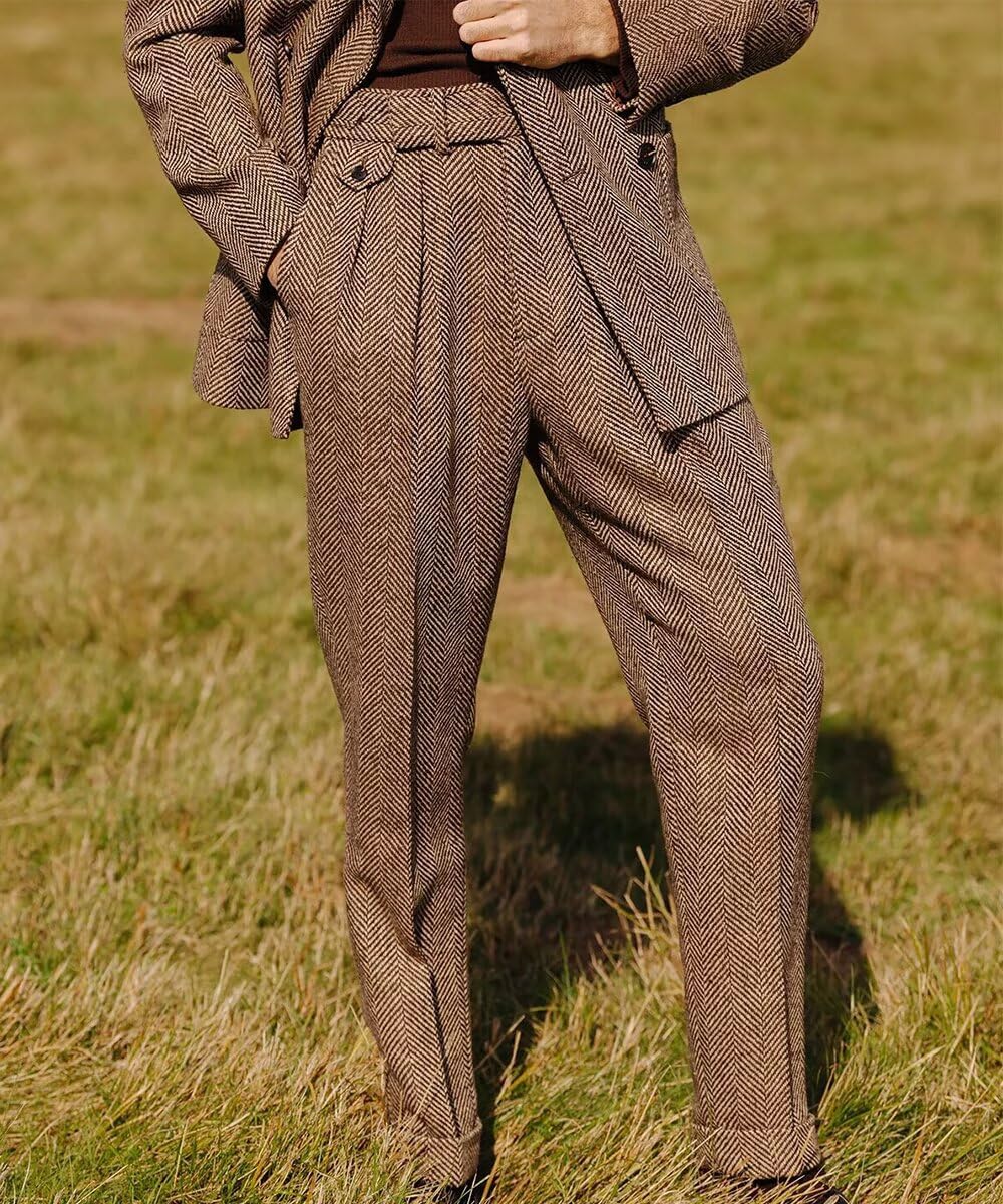 Men's Herringbone Tweed Dress Pants Regular Fit Vintage Wool Trousers