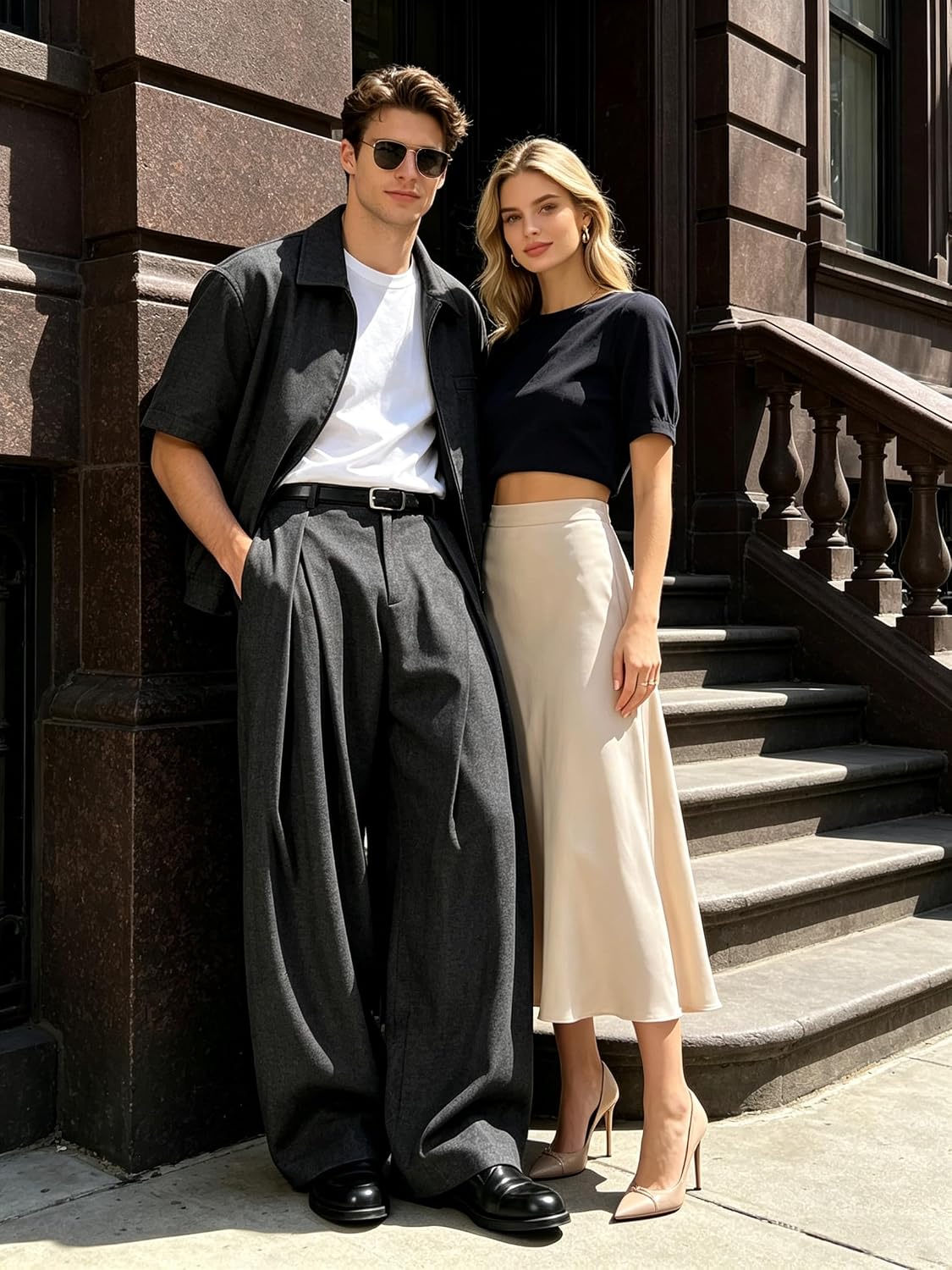 Percle Mens Baggy Casual Pants Elastic Back Waist Pleated Wide Leg Slacks
