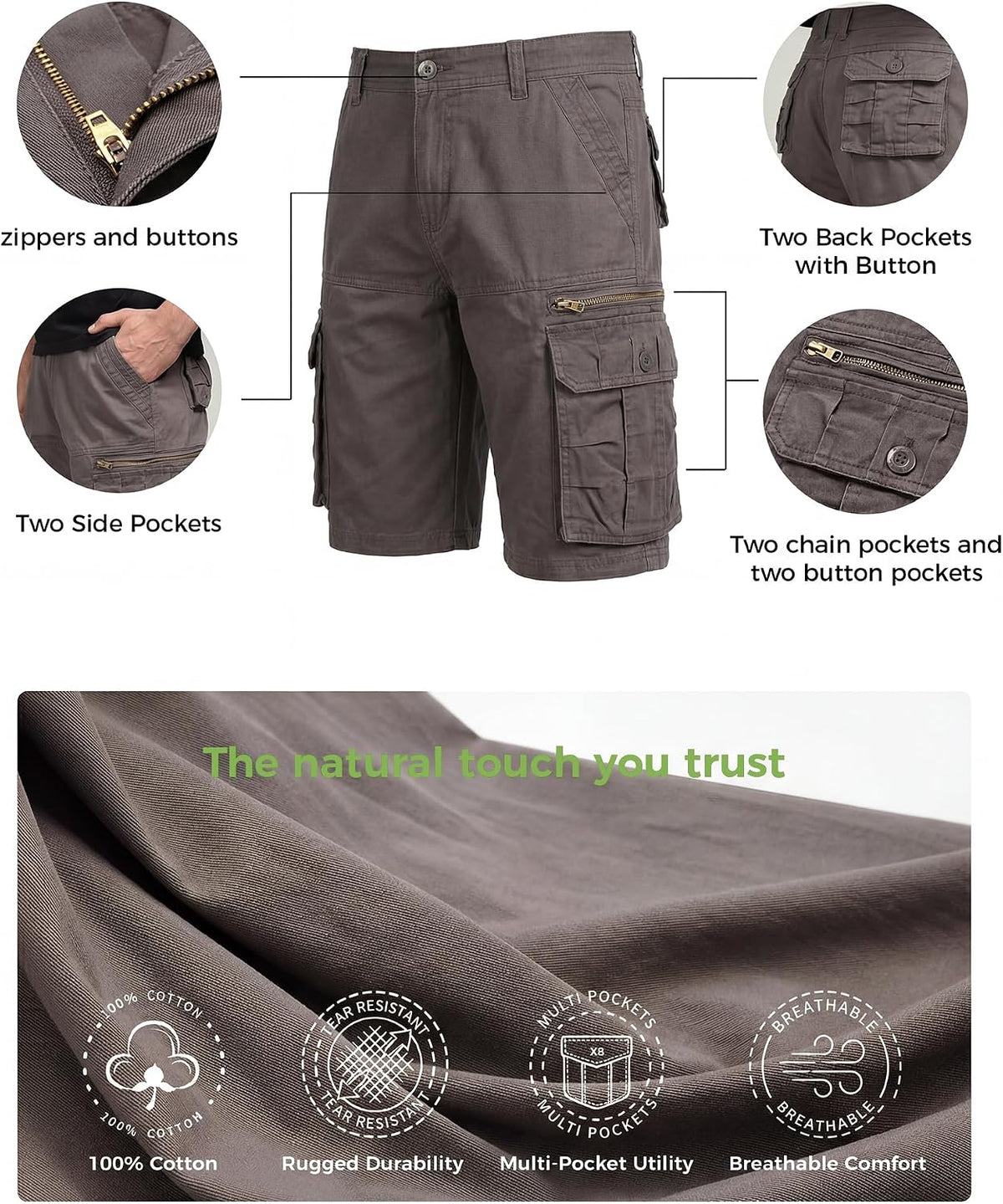 GLESTORE Mens Cargo Shorts Cotton Work Casual Shorts for Men Multi Pockets