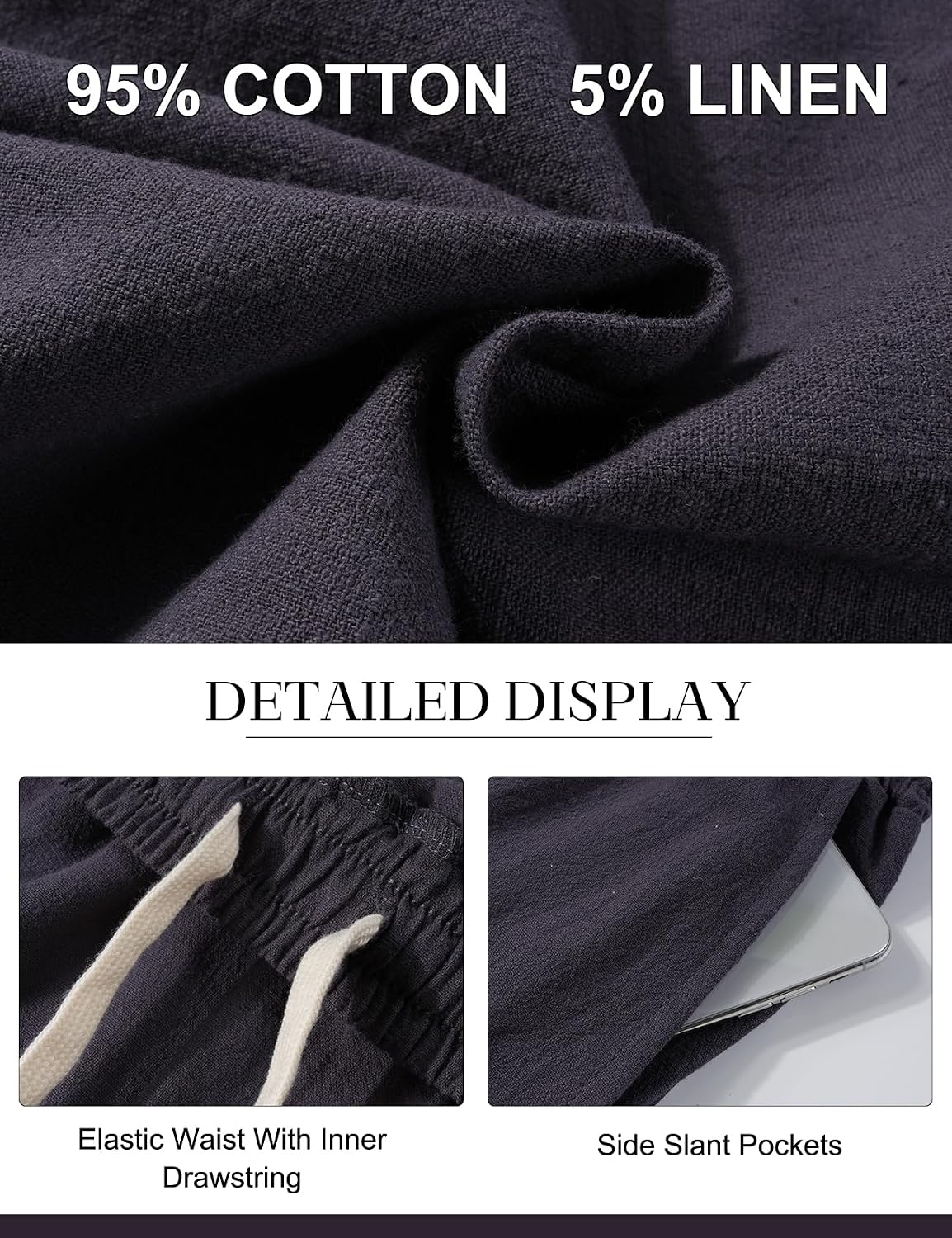 Kissonic Mens Casual Linen Pants Elastic Waist Cotton Wide Leg Trousers