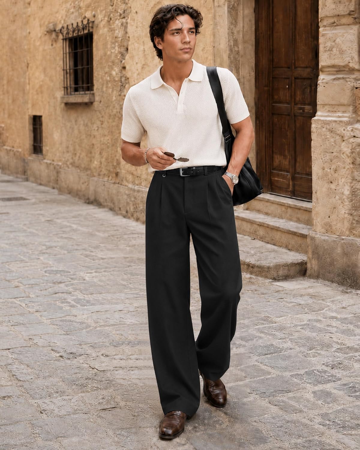 ZKMAN Men's Wide Leg Pleated Dress Pants Drawstring Elastic Waist Slacks