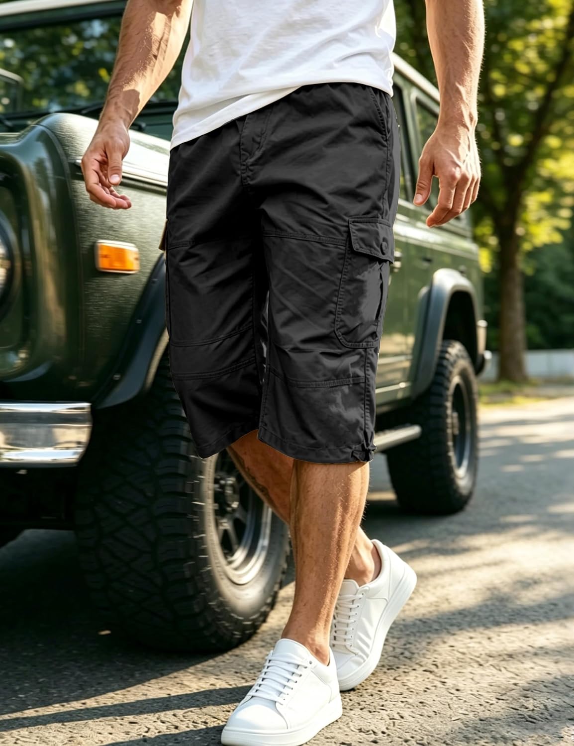EKLENTSON Men's Cargo Shorts Knee Length Summer Shorts Cotton Capri Short