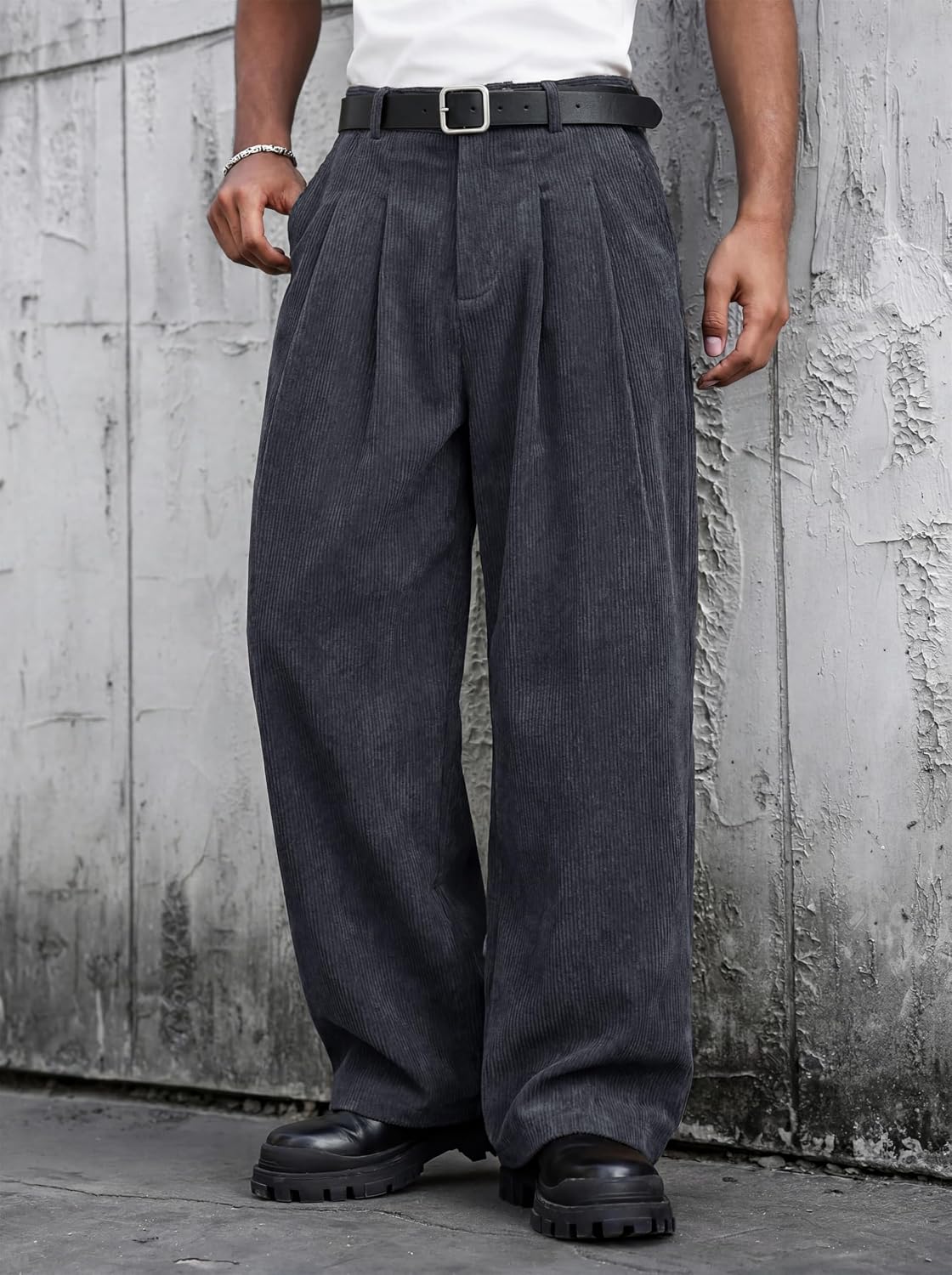 Runcati Mens Corduroy Baggy Pants Wide Leg Casual Fall Dress Slacks