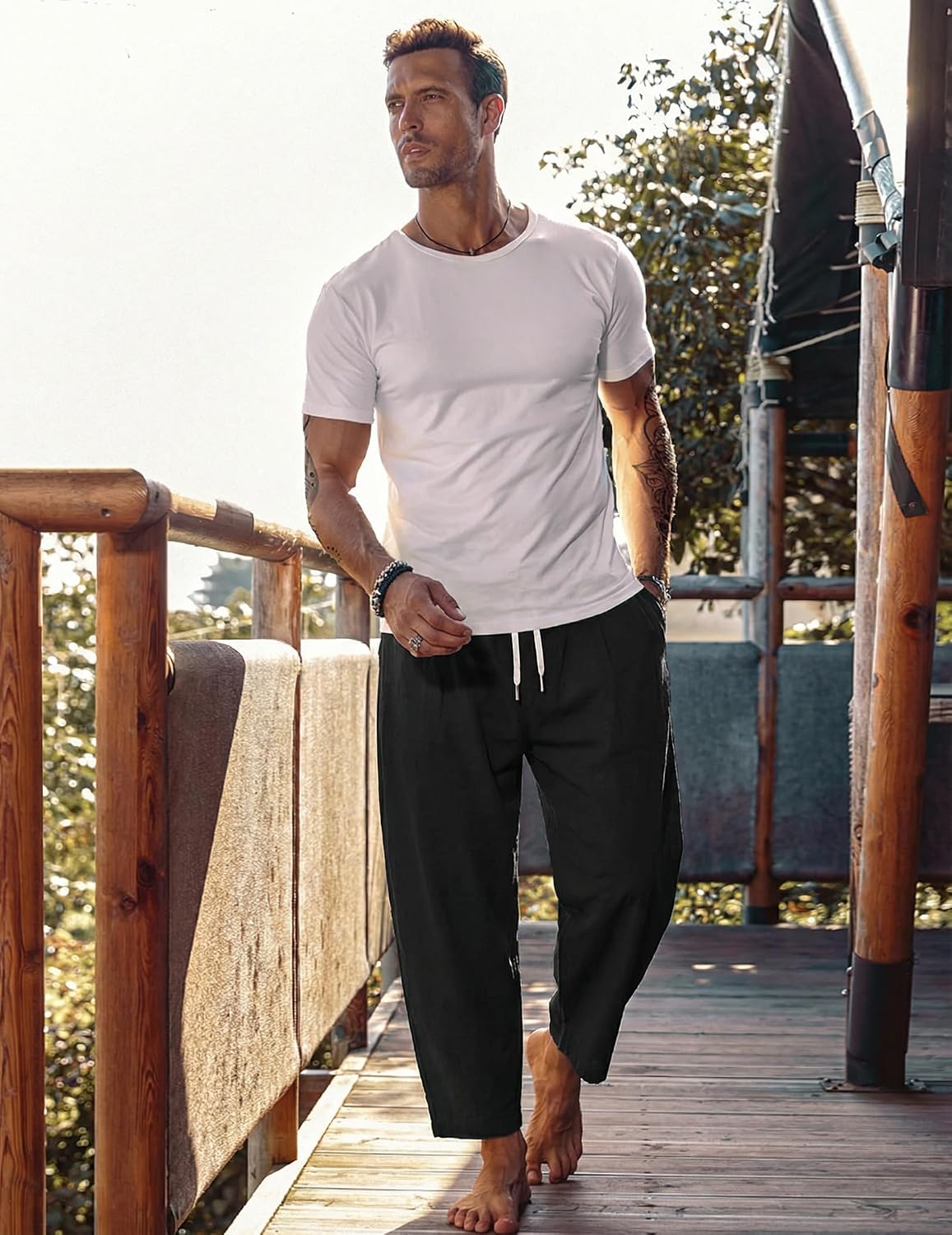 COOFANDY Men's Cotton Linen Harem Pants Drawstring Casual Cropped Trousers Lightweight Loose Beach Yoga Pants with Pockets