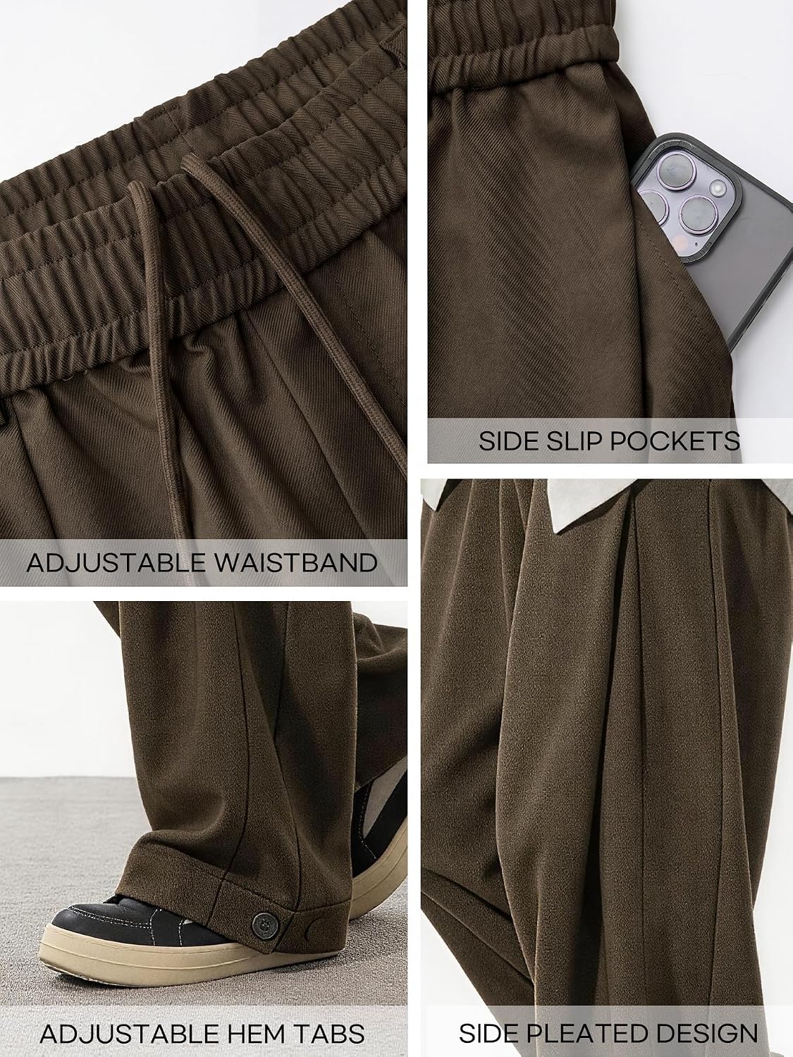 Mens Pleated Wide Leg Baggy Dress Pants Casual Elastic Waist Fall Long Trousers with Pockets