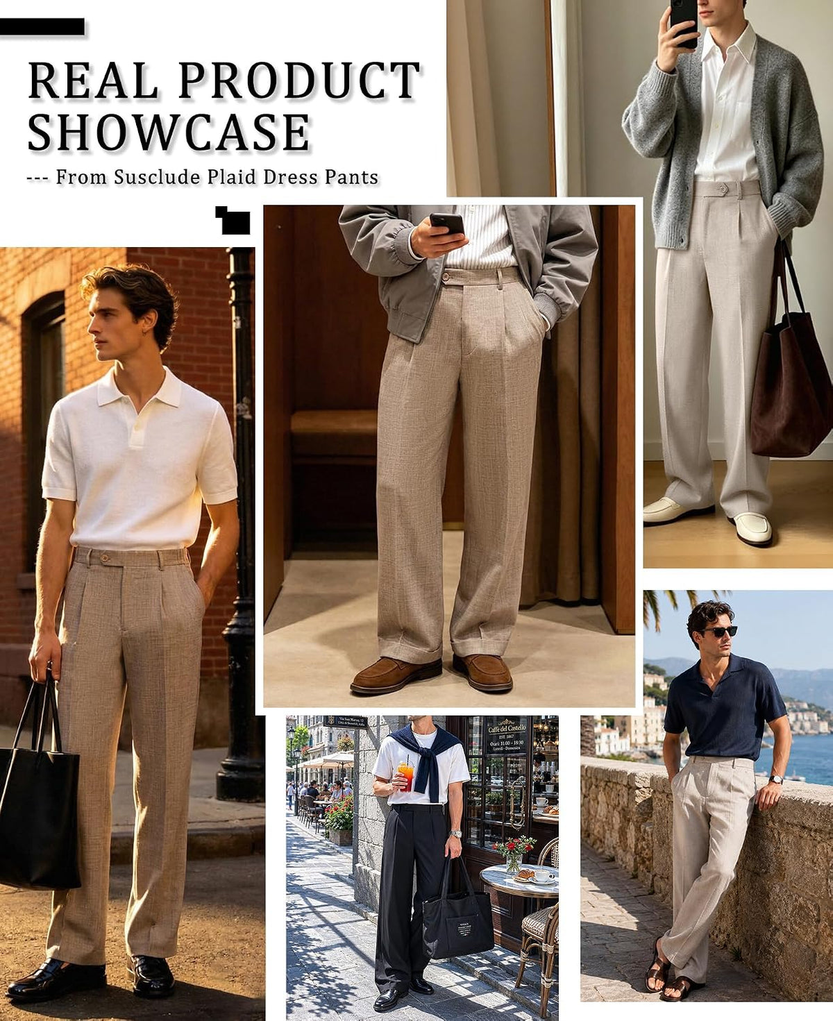 Susclude Mens Plaid Casual Dress Pants Old Money Wide Leg Baggy Pleated Slacks Elastic Waist Work Vacation Trousers