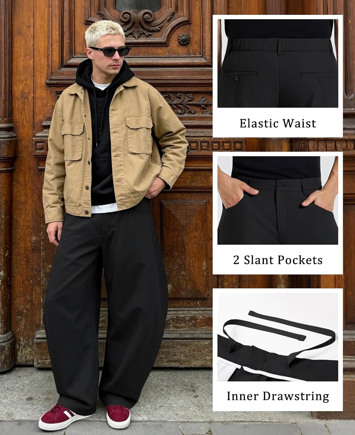 Susclude Mens Baggy Barrel Pants Wide Leg Comfy Lounge Streetwear Casual Elastic Waist Loose Y2k Lightweiht Trendy Trousers