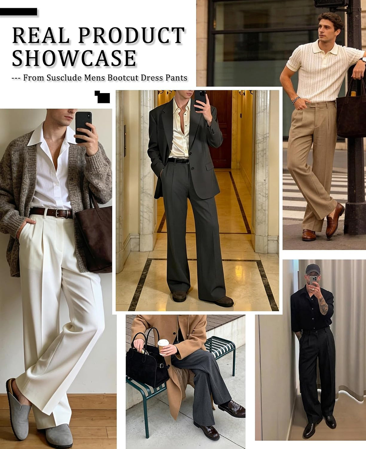 Susclude Mens Bootcut Casual Dress Pants Flared Wide Leg Old Money Pleated Elastic Waist Slacks Vintage Work Office Trousers