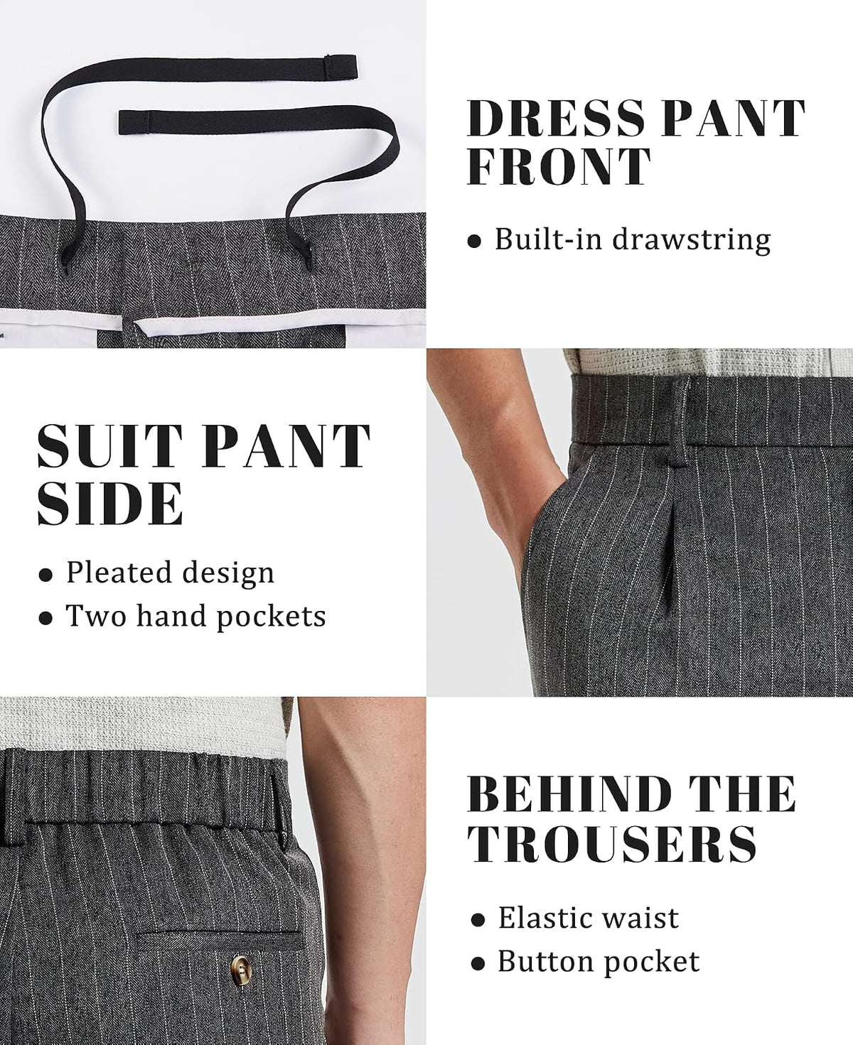 Susclude Mens Pinstripe Casual Dress Pants Old Money Wide Leg Baggy Pleated Slacks Elastic Wasist Loose Fit Work Trousers