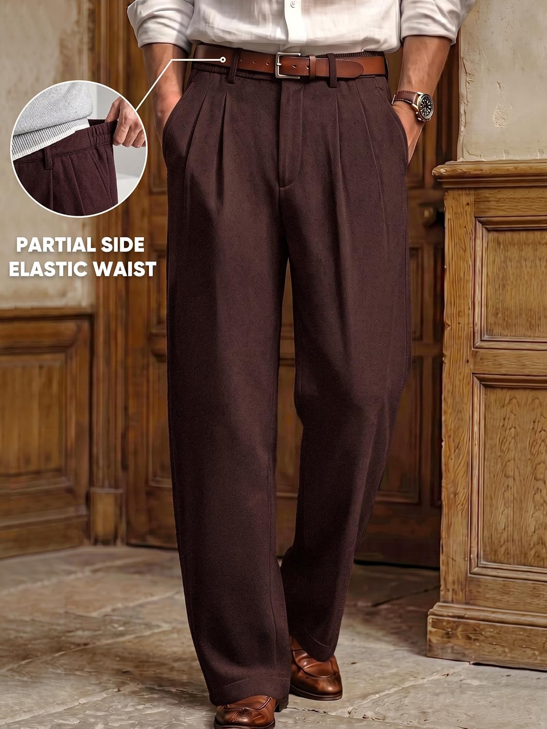 JMIERR Men's Baggy Pleated Wide Leg Loose Fit Brushed Casual Dress Pants