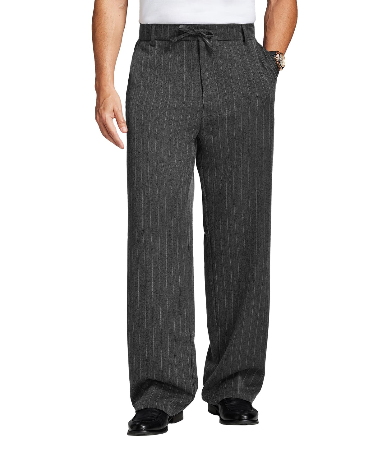 Susclude Mens Pinstripe Wide Leg Dress Pant Baggy Drawstring Trouser Street