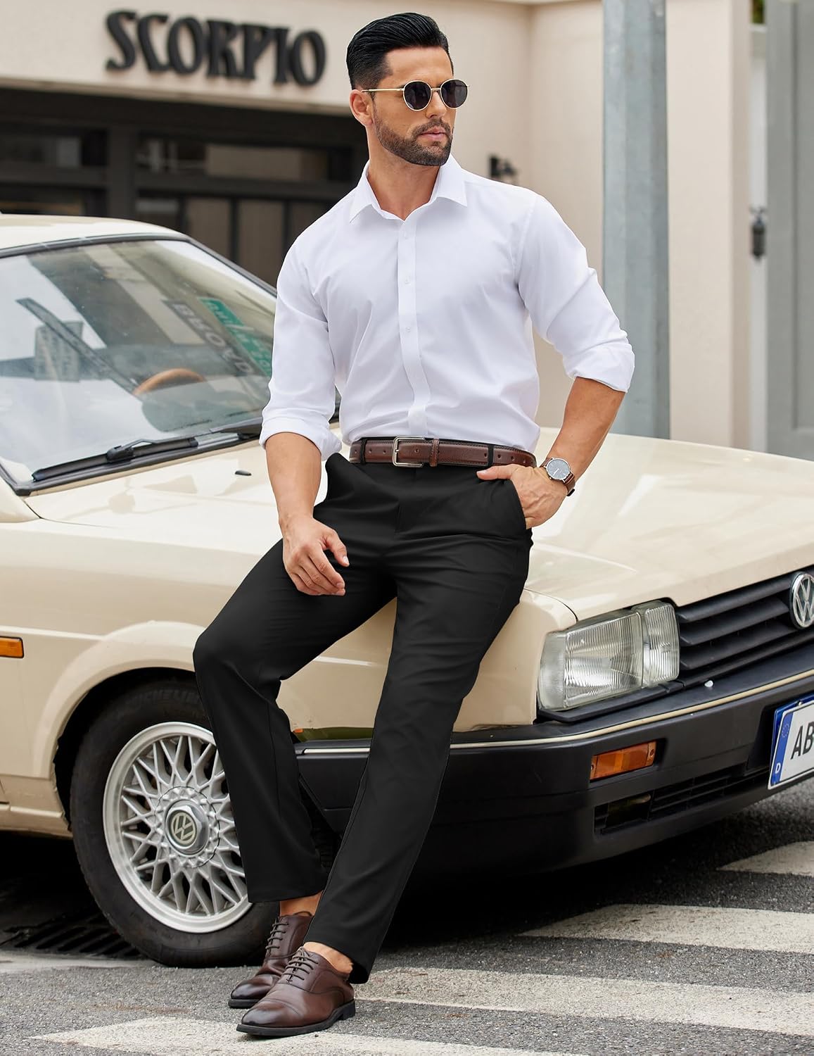 COOFANDY Mens Casual Chino Pants Elastic Waist Classic-Fit Dress Slacks