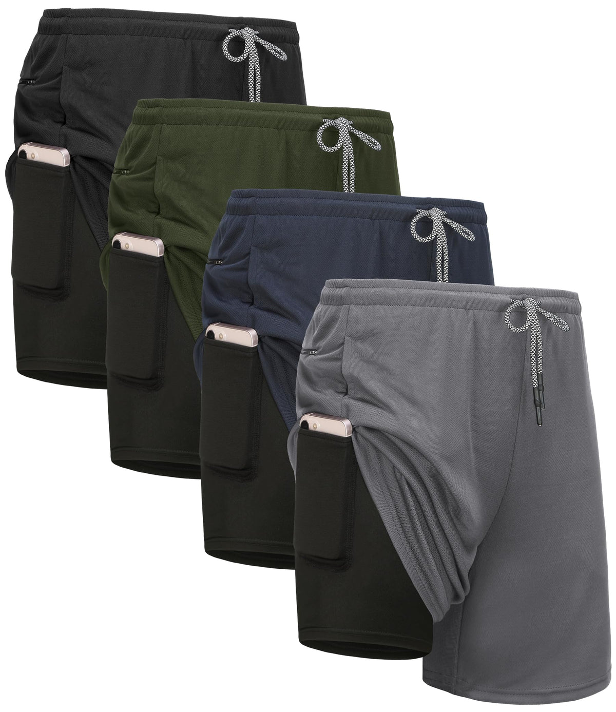 Kinglaman 1/4 Pack Men's 2 in 1 Lined Running Shorts Gym Athletic Shorts