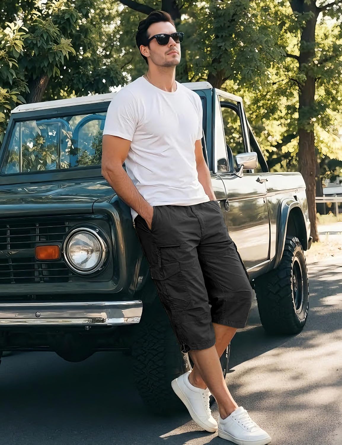 EKLENTSON Men's Cargo Shorts Knee Length Summer Shorts Cotton Capri Short