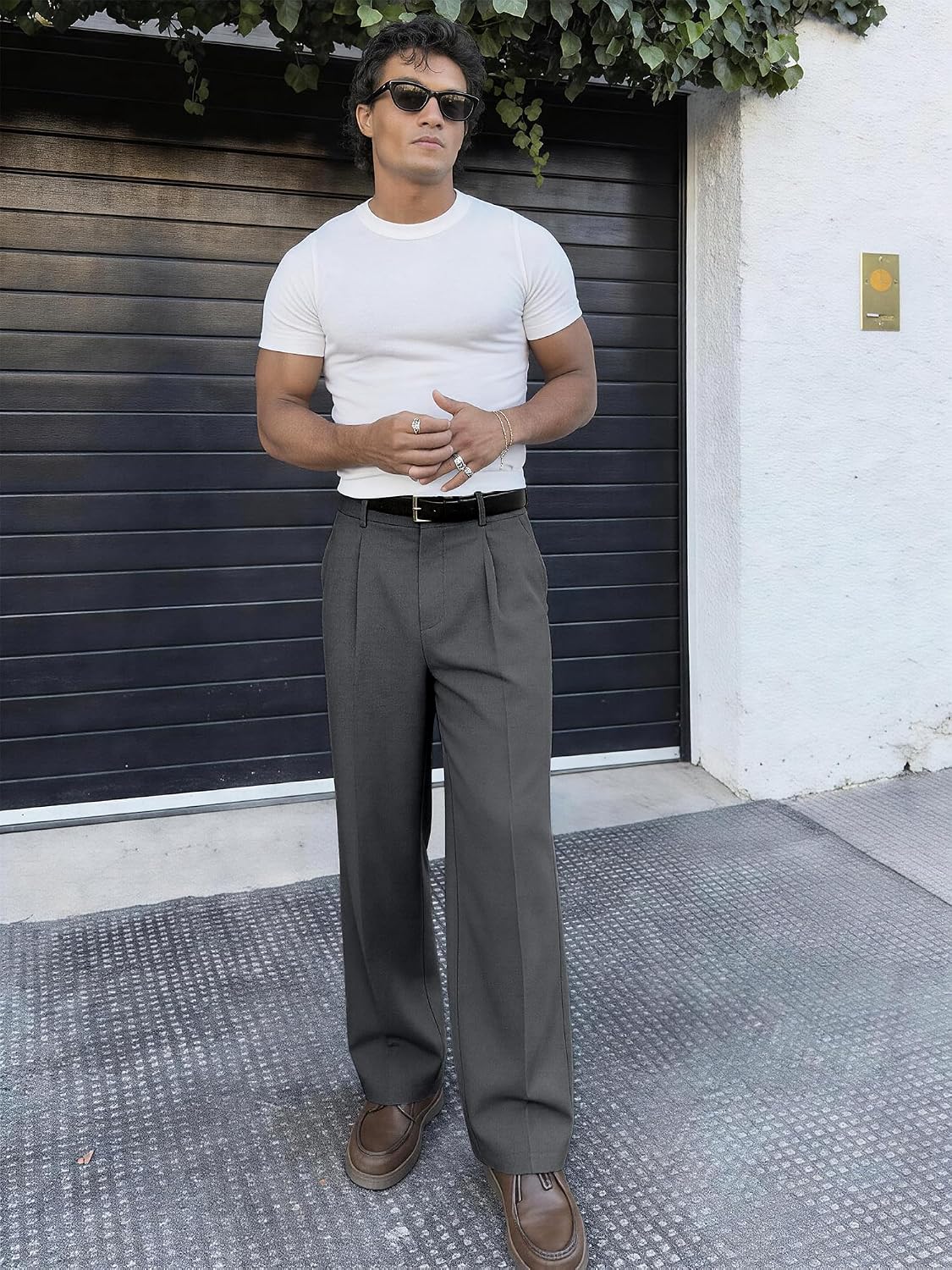 PLEPAN Men's Baggy Dress Pants Pleated Wide Leg Relaxed Fit Slacks