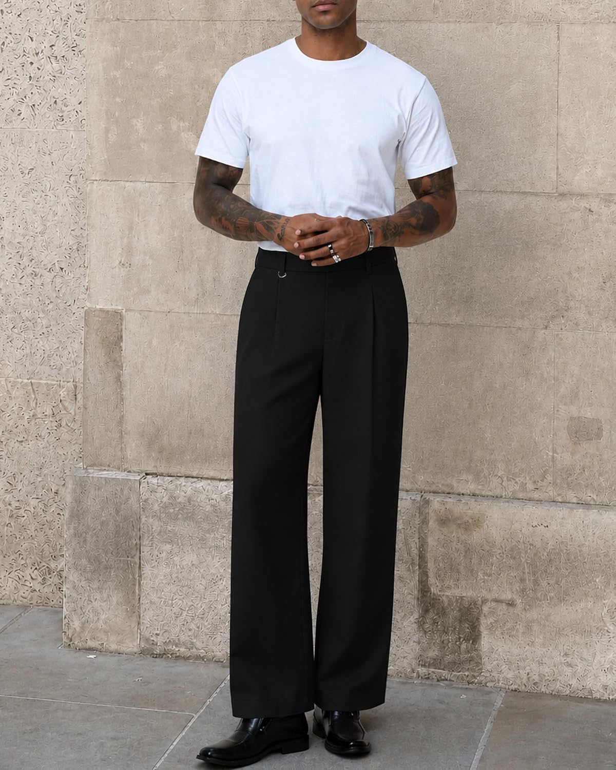 ZKMAN Men's Wide Leg Pleated Dress Pants Drawstring Elastic Waist Slacks