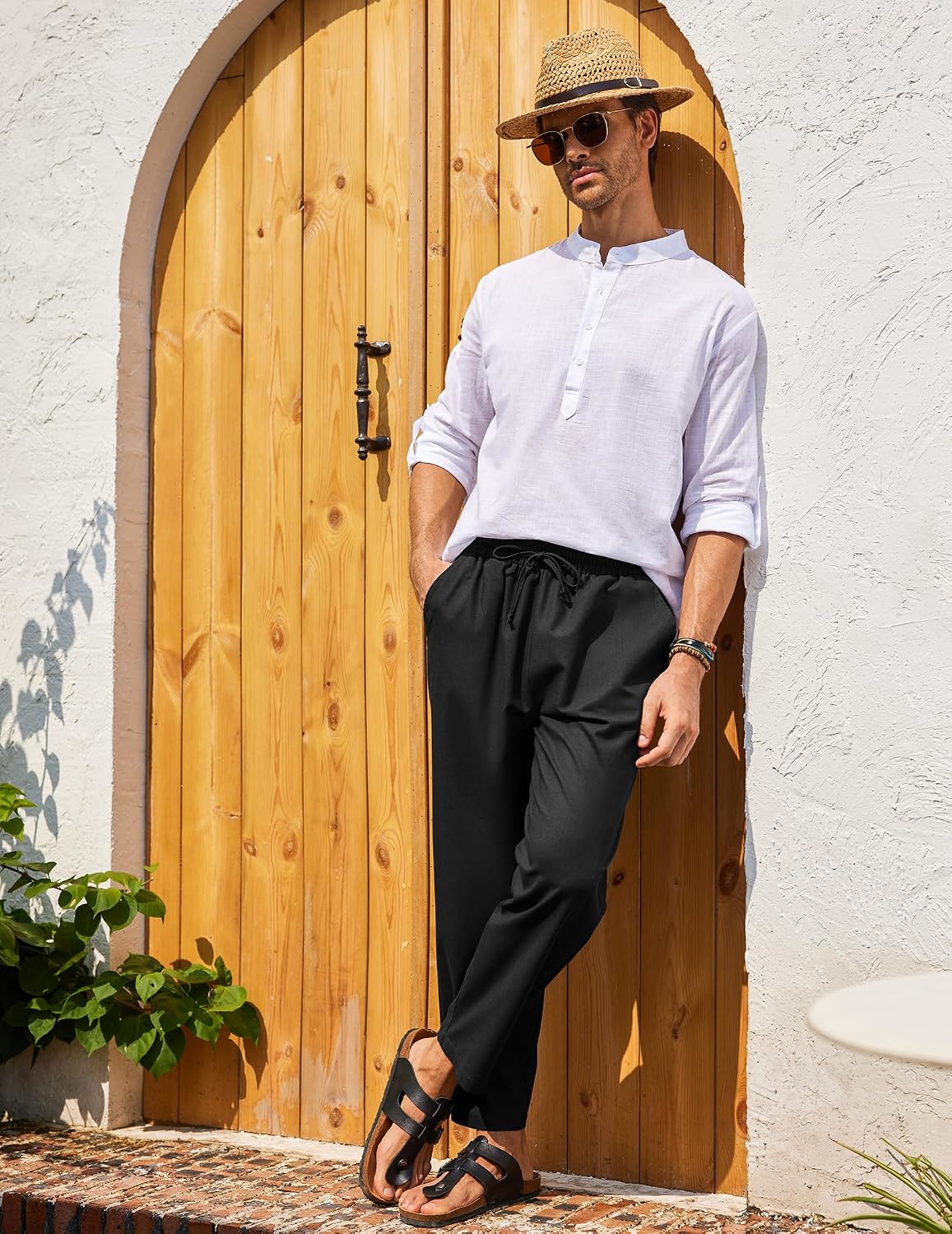 COOFANDY Mens Linen Casual Pants Elastic Drawstring Trousers Summer Pants