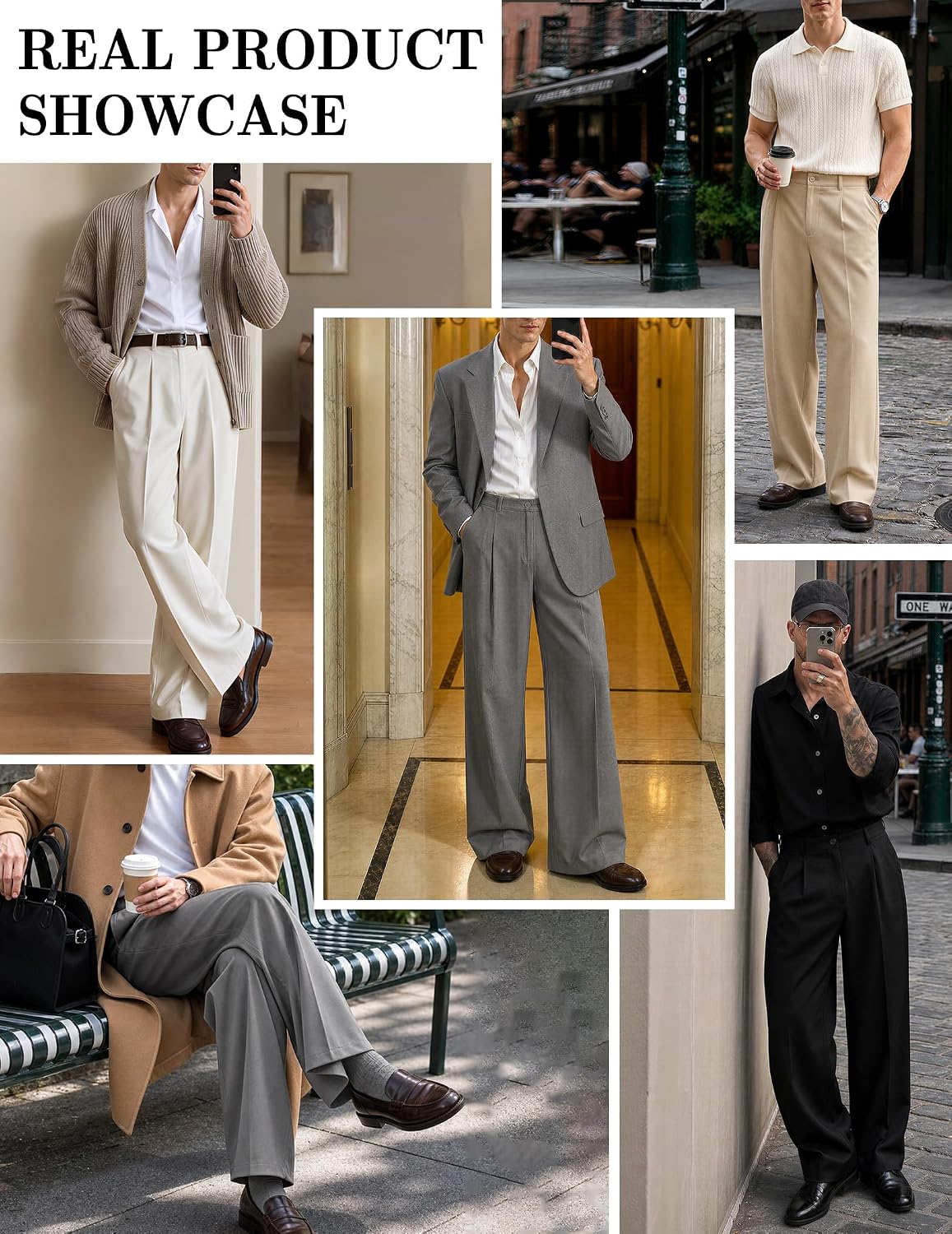 Uni Clau Men's Pleated Dress Pants Baggy Wide Leg Trousers Elastic Waist