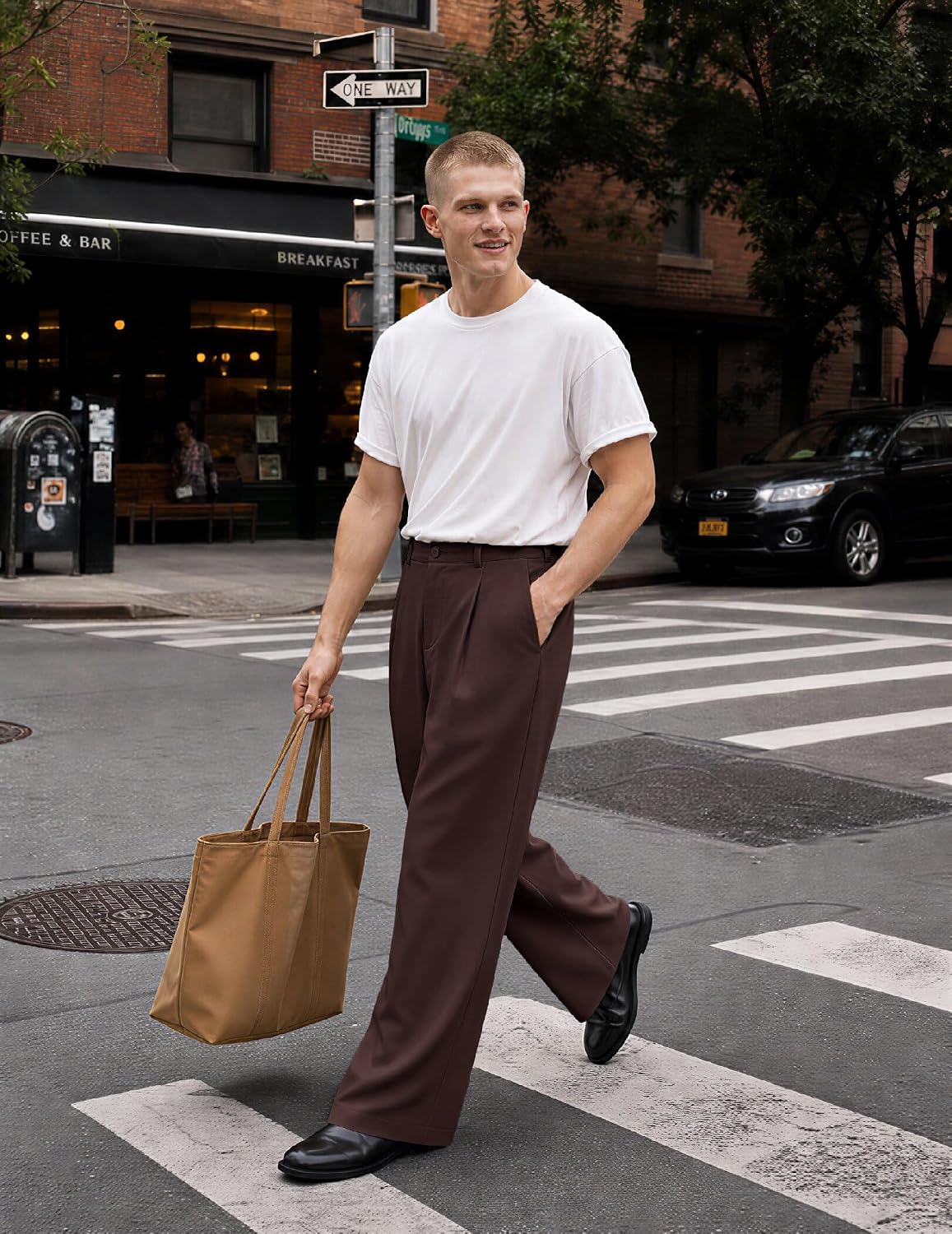 Uni Clau Men's Pleated Dress Pants Baggy Wide Leg Trousers Elastic Waist