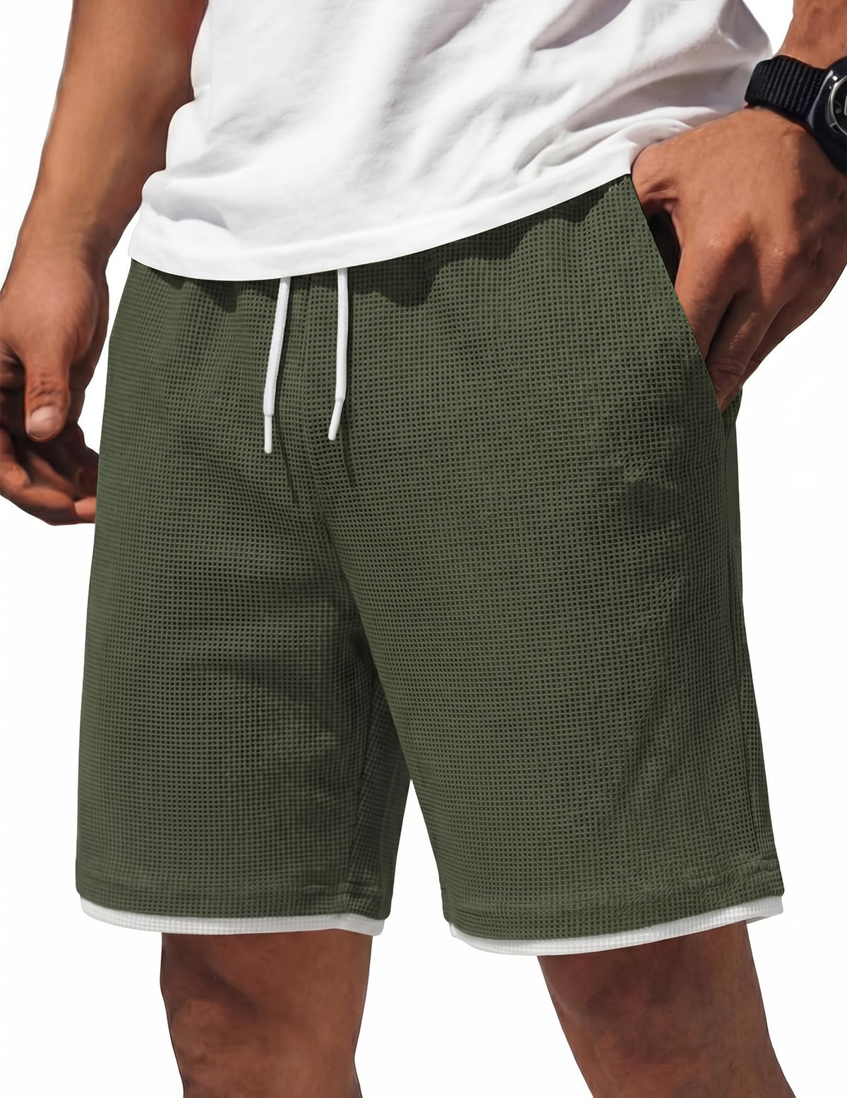 COOFANDY Mens Casual Shorts Cotton Drawstring 7/9 inch Waffle Shorts