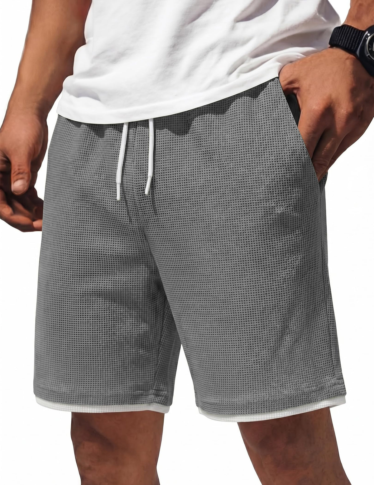 COOFANDY Mens Casual Shorts Cotton Drawstring 7/9 inch Waffle Shorts