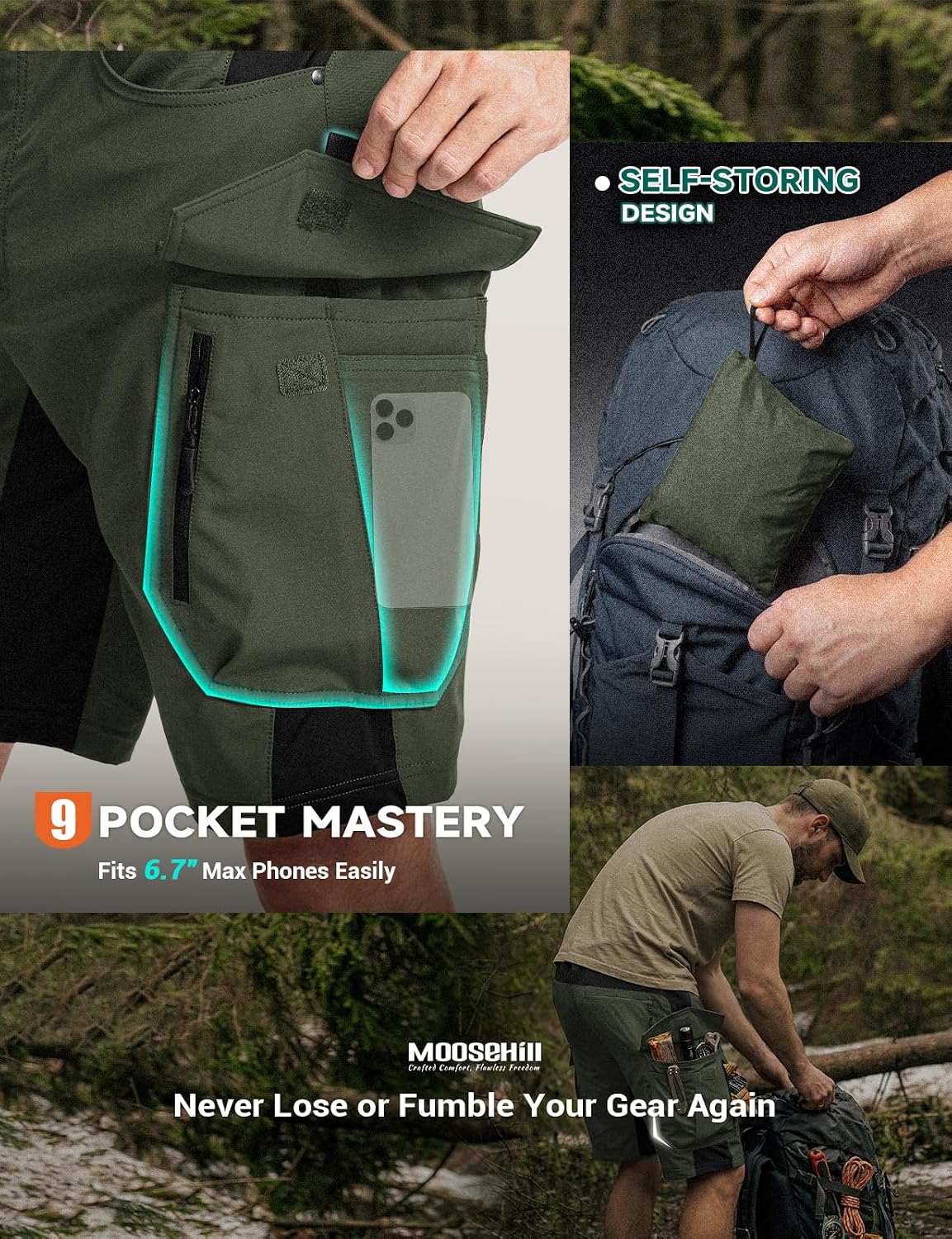 Moosehill Men's Hiking Cargo Shorts: Quick Dry 9 Pockets (Self-Storing)