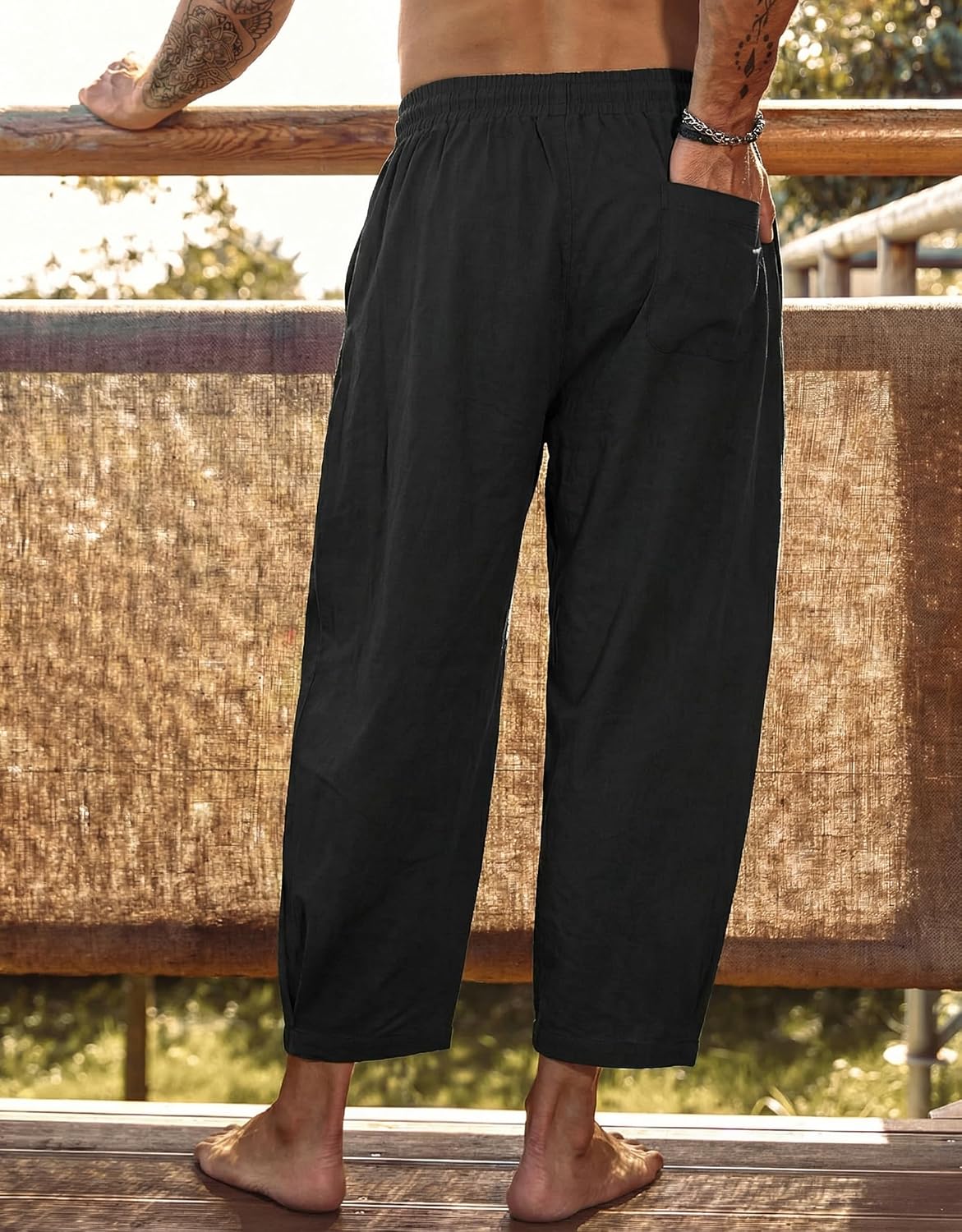COOFANDY Men's Cotton Linen Harem Pants Drawstring Casual Cropped Trousers Lightweight Loose Beach Yoga Pants with Pockets