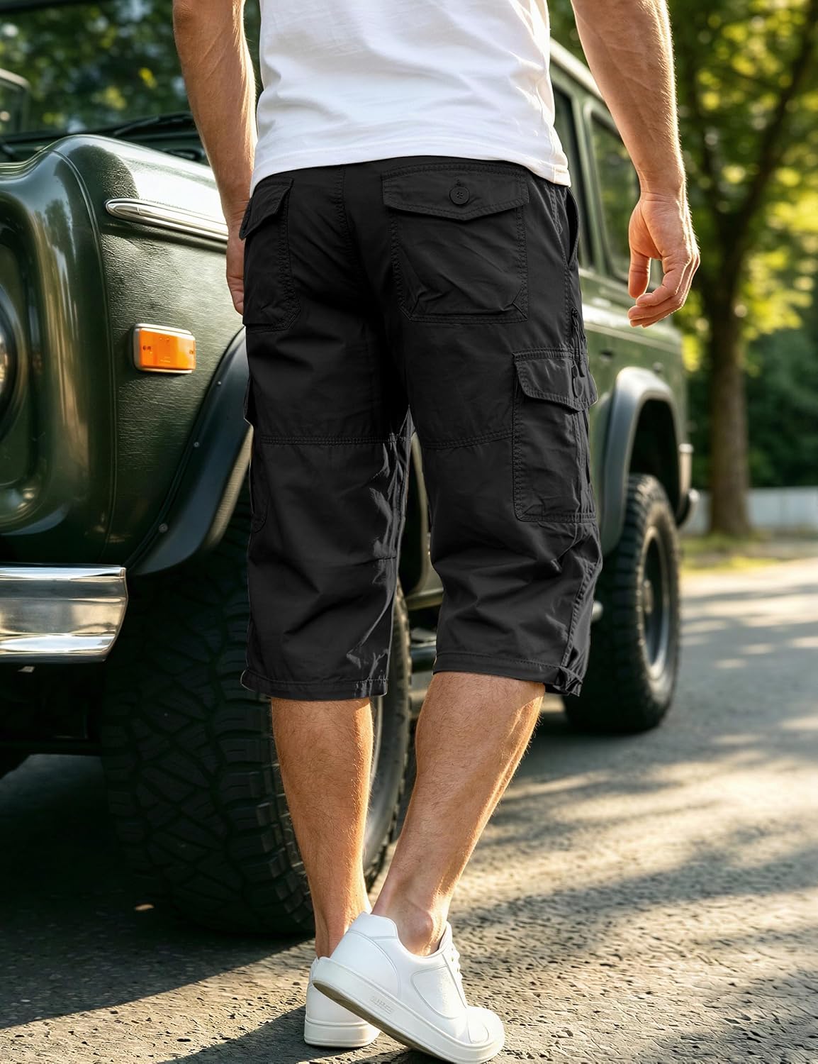 EKLENTSON Men's Cargo Shorts Knee Length Summer Shorts Cotton Capri Short
