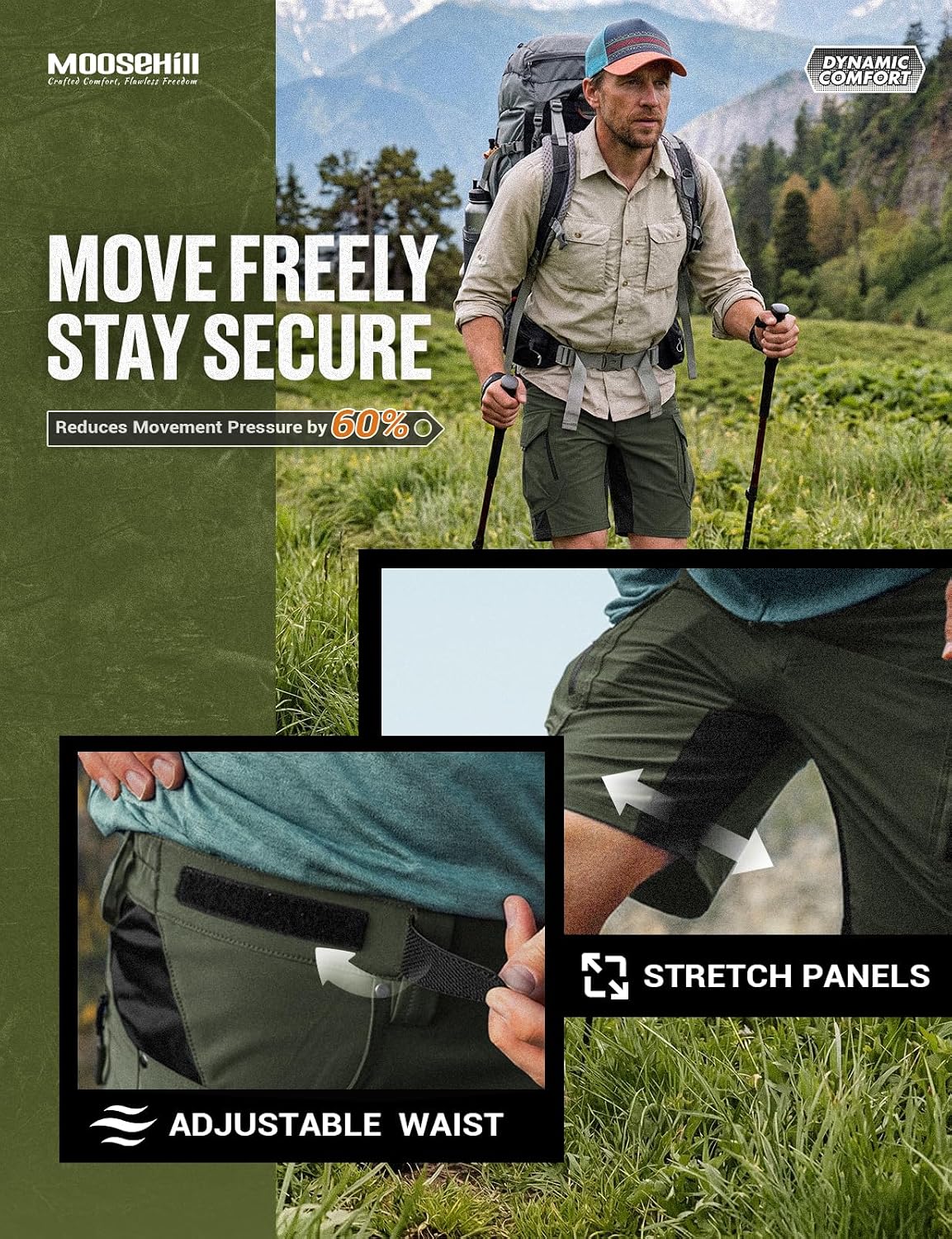 Moosehill Men's Hiking Cargo Shorts: Quick Dry 9 Pockets (Self-Storing)