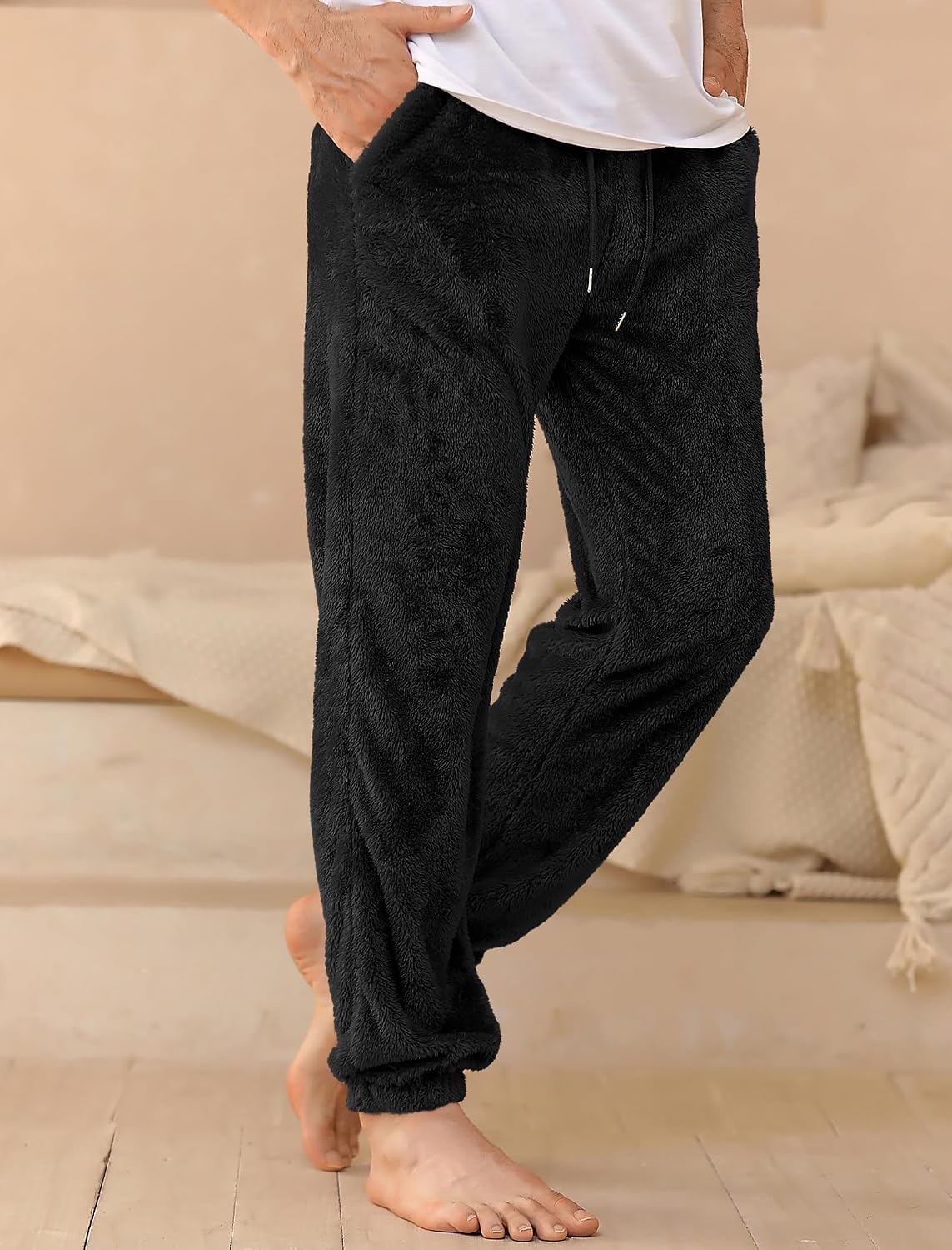 ZAFUL Men Fluffy Teddy Fuzzy Pajama Pants Plush Loungewear Trousers with Pockets