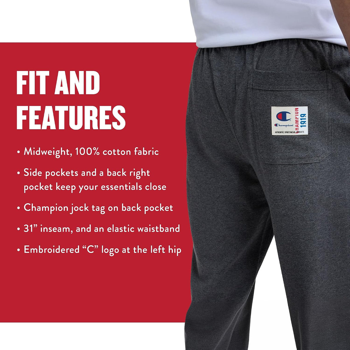 Champion Men's Open-Bottom Lounge Pants, Standard Fit, Lightweight, 100% Cotton, Available in Regular and Big & Tall