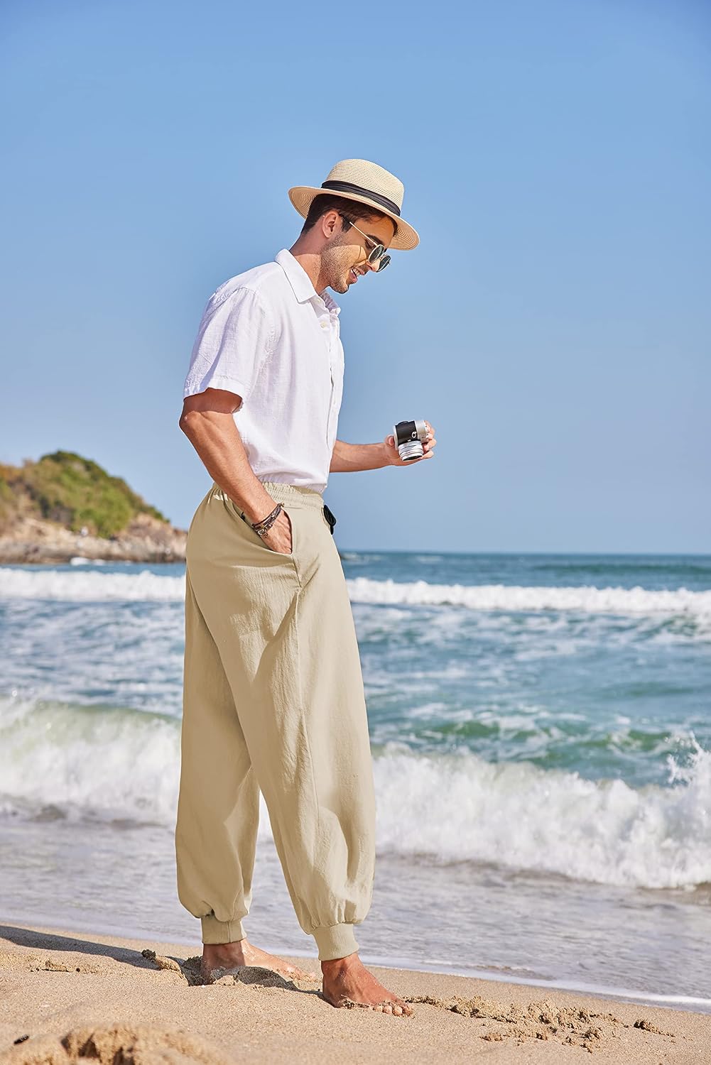 COOFANDY Men Hippie Harem Pants Baggy Linen Cotton Boho Yoga Pants Summer Beach Pants Casual Drop Crotch Trouser