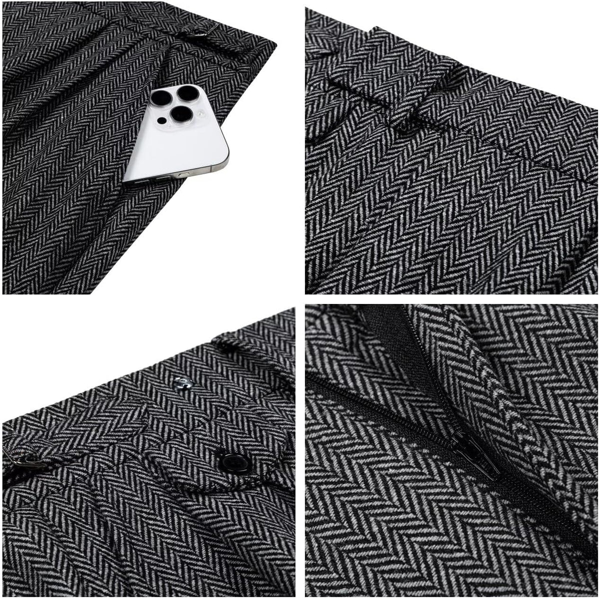 Men's Herringbone Tweed Dress Pants Regular Fit Vintage Wool Trousers