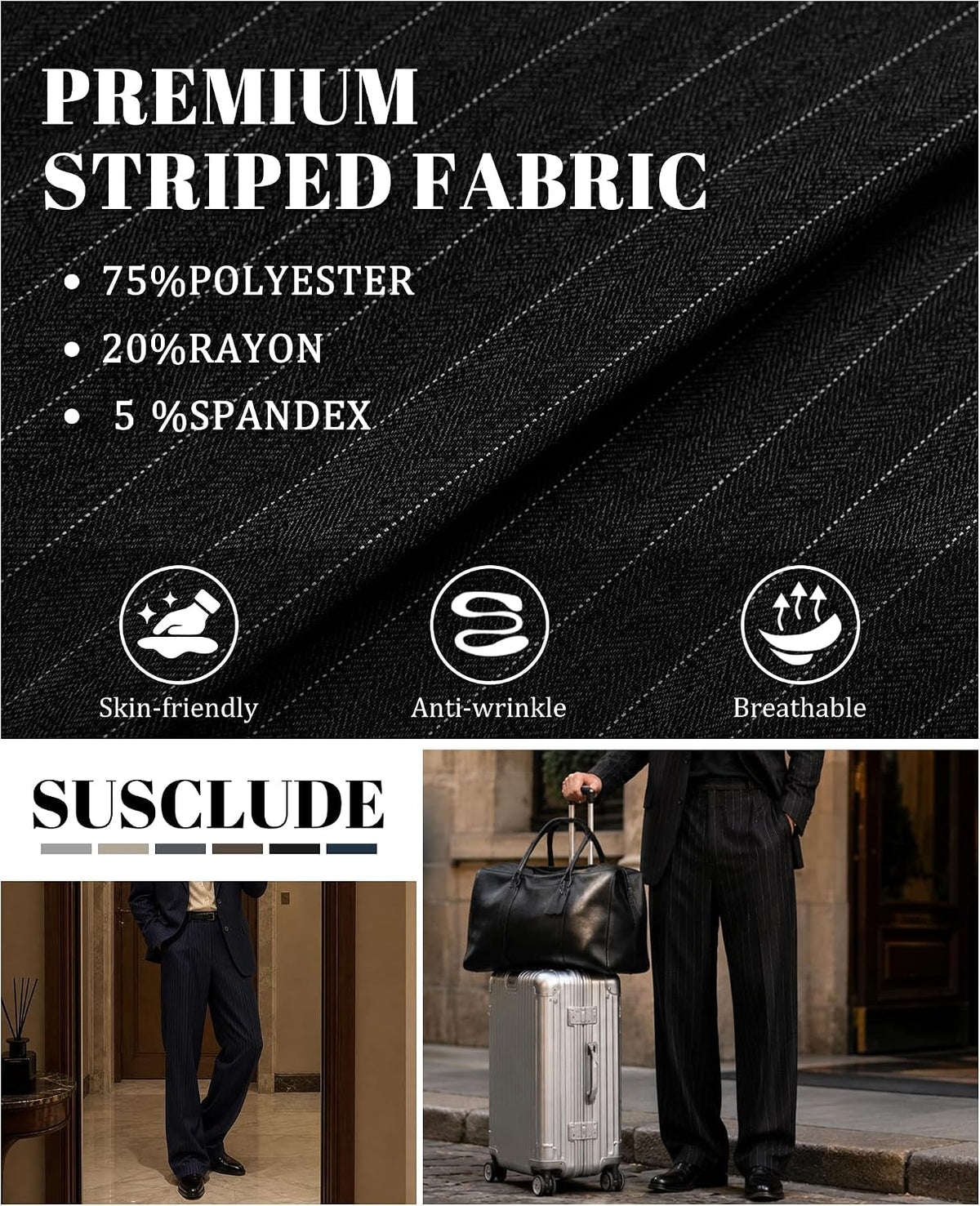 Susclude Mens Pinstripe Wide Leg Dress Pant Baggy Drawstring Trouser Street