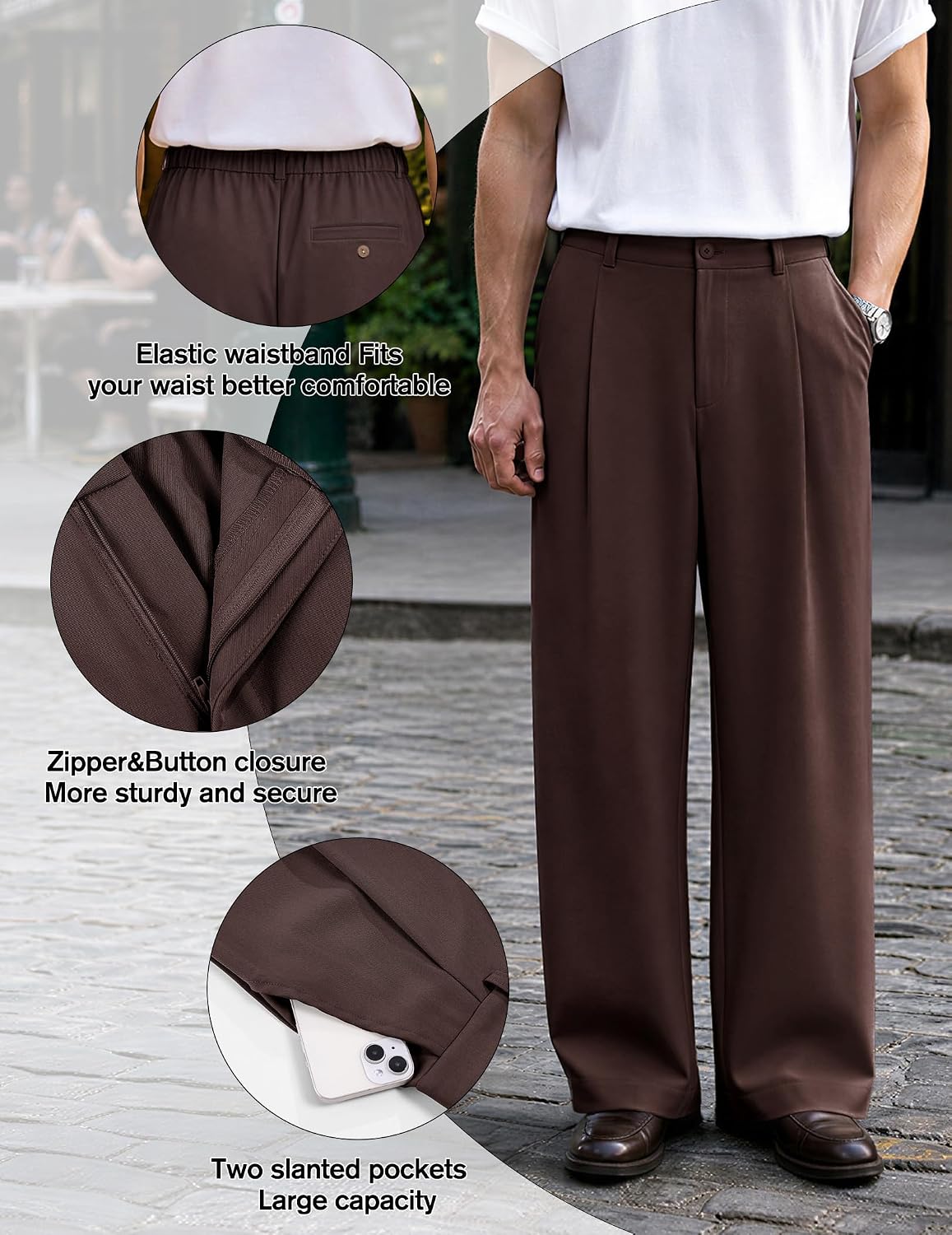 Uni Clau Men's Pleated Dress Pants Baggy Wide Leg Trousers Elastic Waist