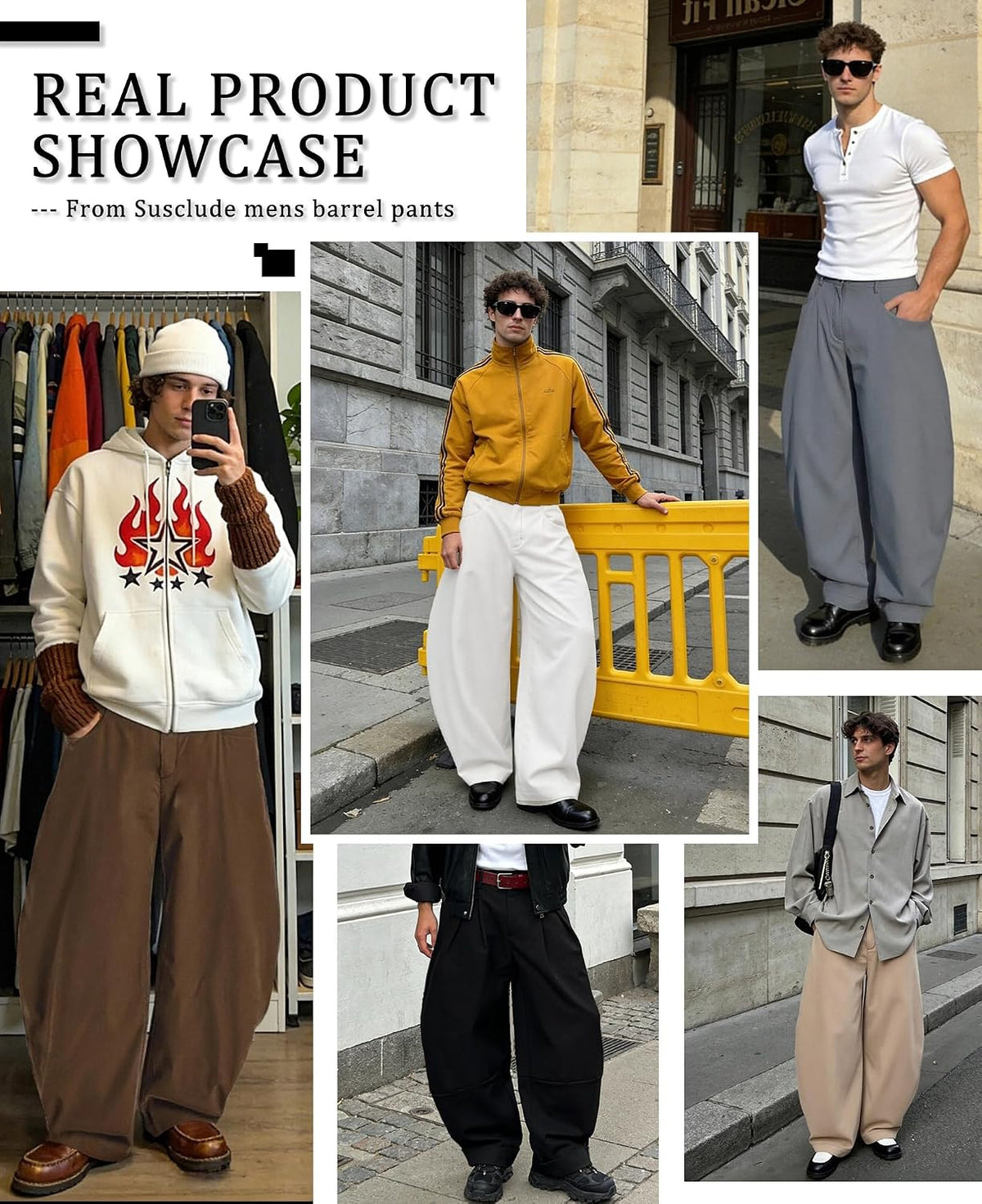 Susclude Mens Baggy Barrel Pants Wide Leg Comfy Lounge Streetwear Casual Elastic Waist Loose Y2k Lightweiht Trendy Trousers