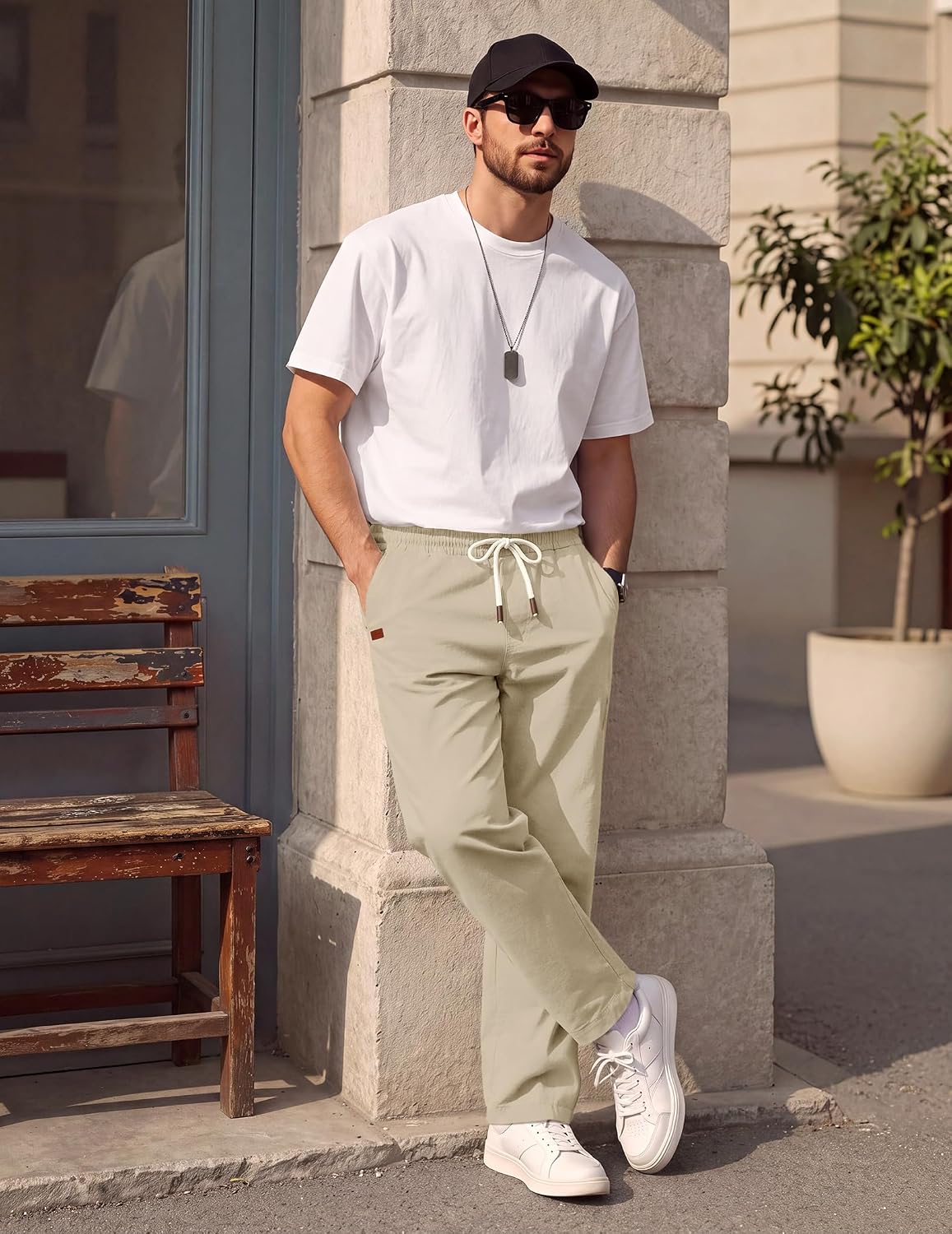 COOFANDY Mens Casual Pants Elastic Waist Drawstring Chino Pant Cotton Twill Stretch Slacks with Pocket