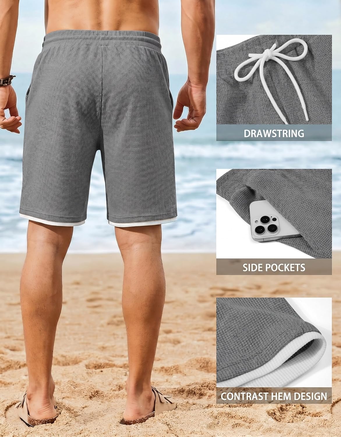 COOFANDY Mens Casual Shorts Cotton Drawstring 7/9 inch Waffle Shorts