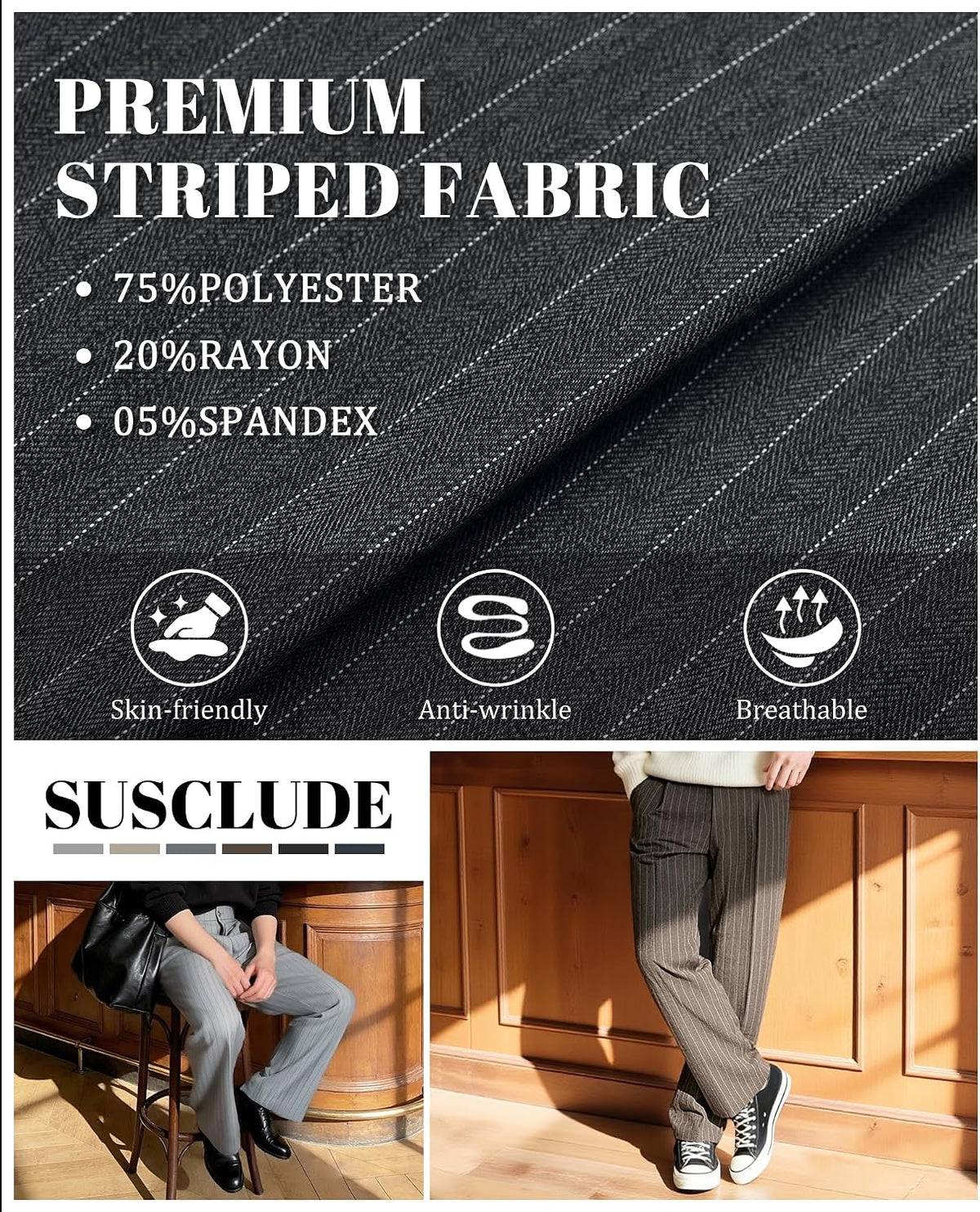 Susclude Mens Pinstripe Casual Dress Pants Old Money Wide Leg Baggy Pleated Slacks Elastic Wasist Loose Fit Work Trousers