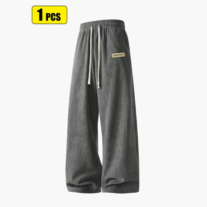 Men’s corduroy casual long pants for spring and autumn, elastic drawstring waist, loose straight fit, breathable and skin-friendly, comfortable everyday men’s trousers.