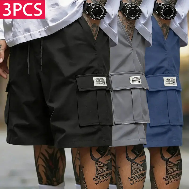 Men’s 3-Piece Casual Cargo Baggy Shorts Set - Streetwear Woven Fabric Bottoms, Loose-Fit, Elastic Drawstring Waist, Lightweight Breathable, Multifunctional Pockets, for Summer Sports & Everyday Wear