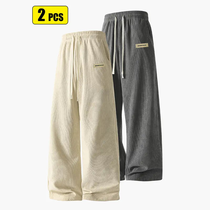 Men’s corduroy casual long pants for spring and autumn, elastic drawstring waist, loose straight fit, breathable and skin-friendly, comfortable everyday men’s trousers.