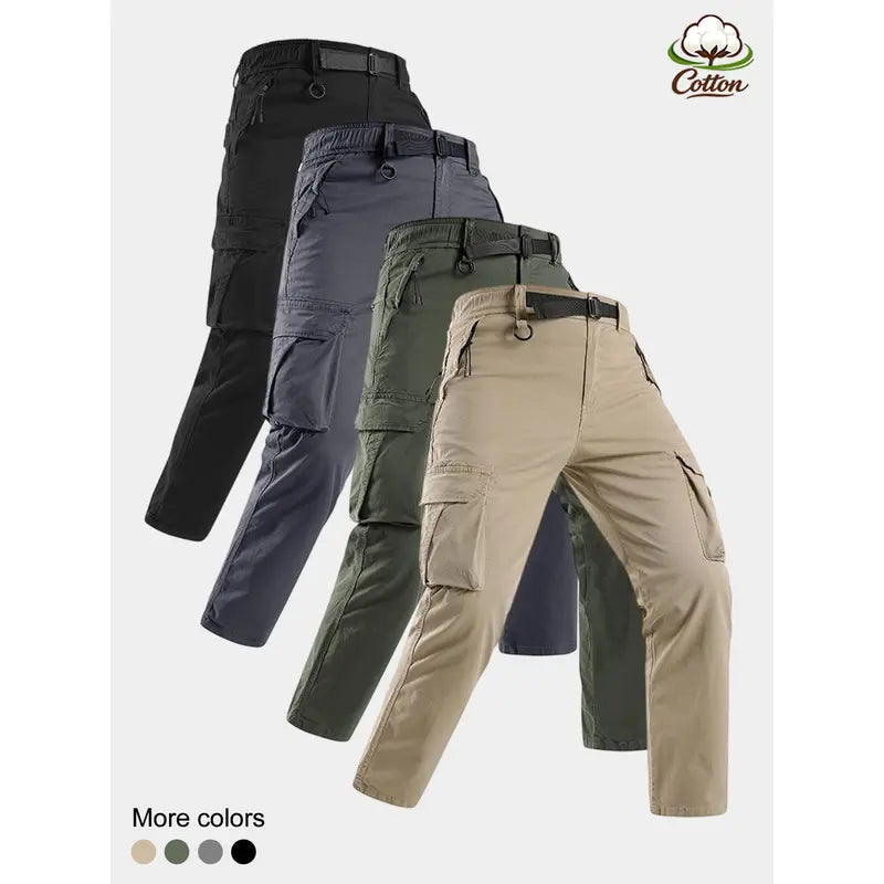 Zip Pocket Belted Elastic Waist Straight Leg Cargo Pants, Cotton Loose Fit Tactical Work Trousers, Lightweight Mens Hiking Street Travel Casual Everyday Pants