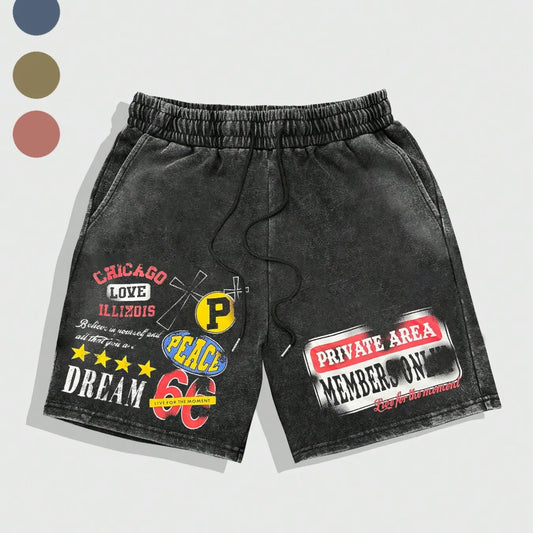Men's Washed '66 Road' Loose Graphic Shorts, Vintage Patchwork Print, Soft Cotton Blend Fabric, Casual Street Style, Daily Wear, Casual Streetwear Shorts