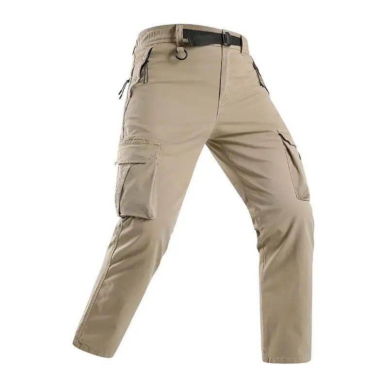 Zip Pocket Belted Elastic Waist Straight Leg Cargo Pants, Cotton Loose Fit Tactical Work Trousers, Lightweight Mens Hiking Street Travel Casual Everyday Pants